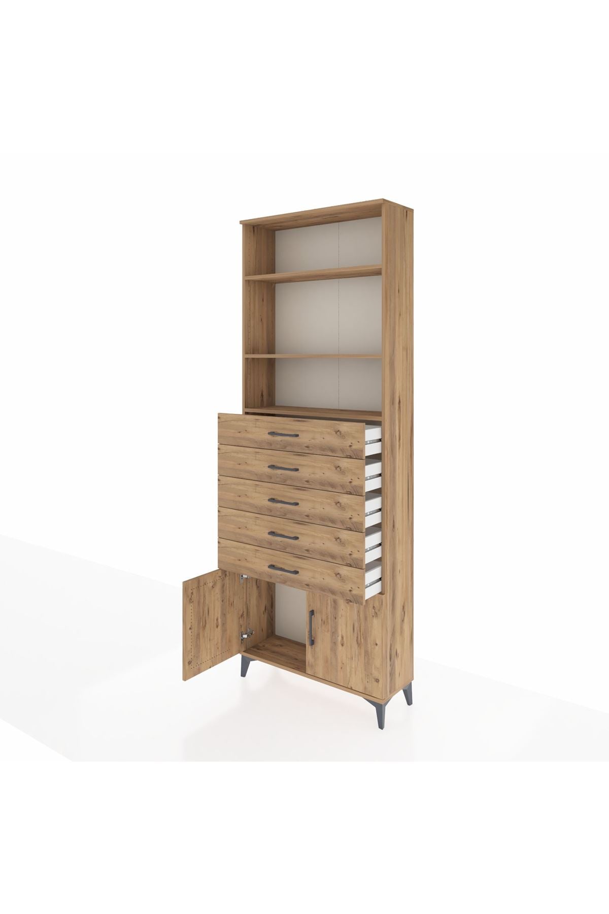 Arges Dolap 3 Raflı 5 Çekmeceli 2 Kapaklı 88x30x243 Çam-Çam