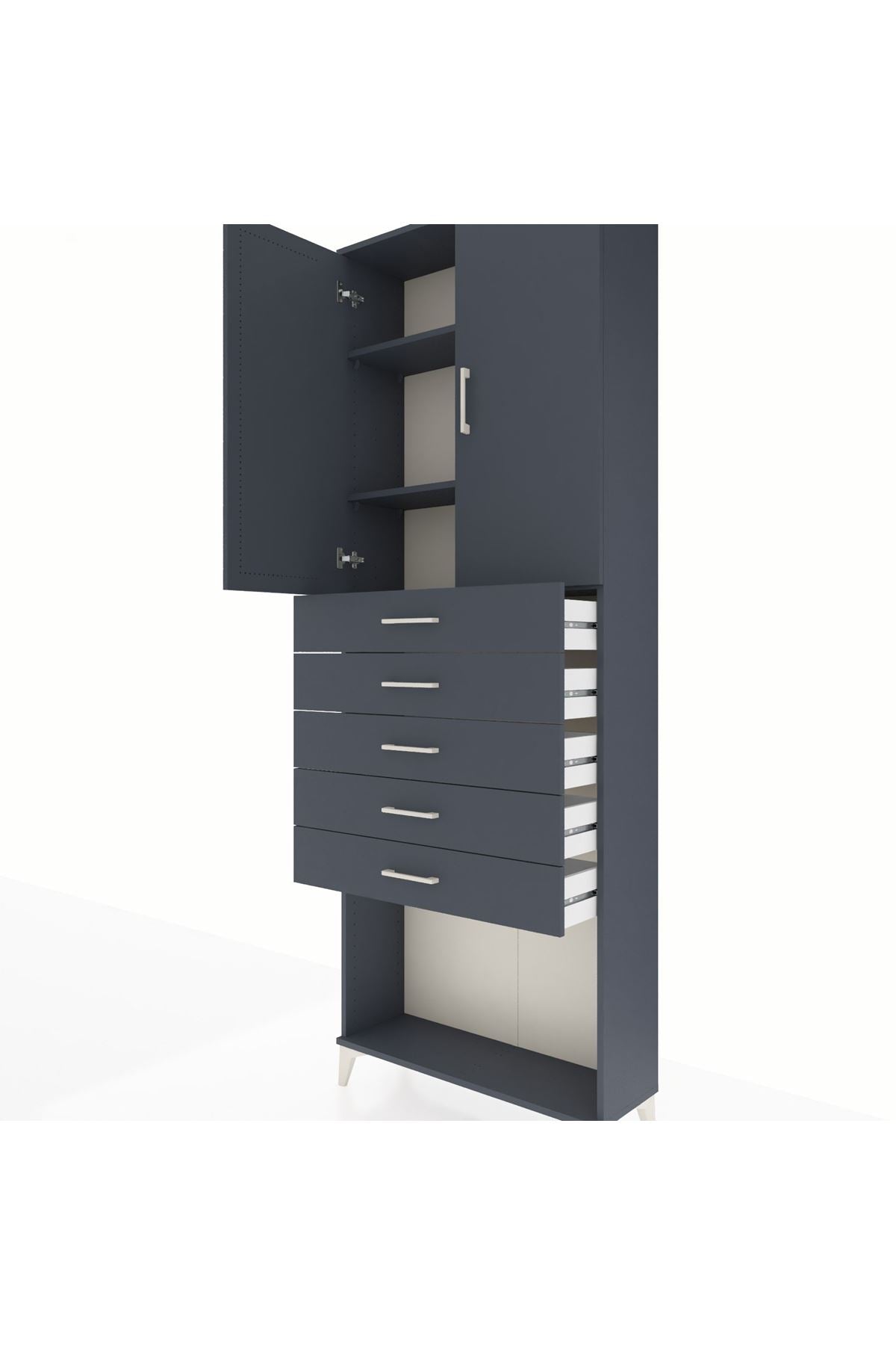 Arges Dolap 3 Raflı 5 Çekmeceli 2 Kapaklı 88x30x243 Antrasit-Antrasit