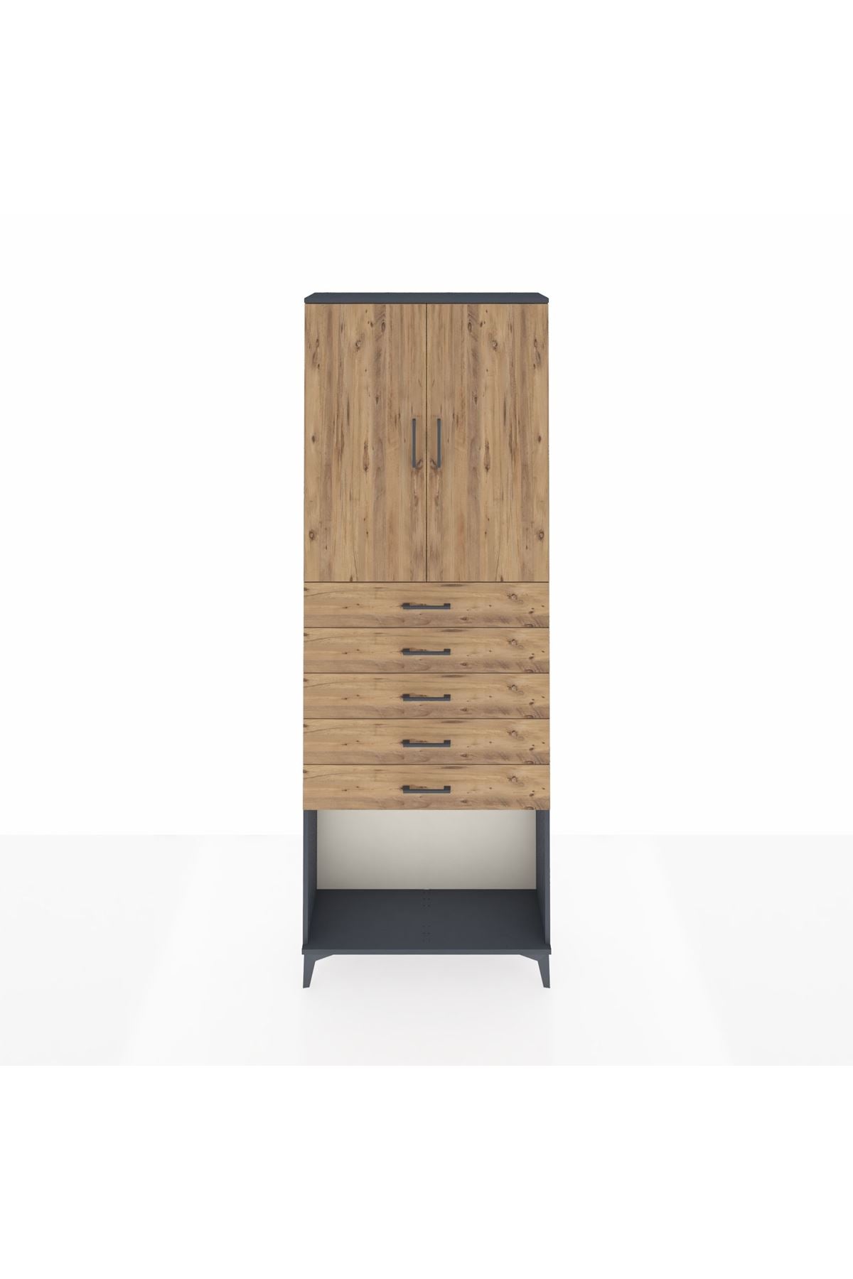 Arges Dolap 3 Raflı 5 Çekmeceli 2 Kapaklı 88x30x243 Antrasit-Çam