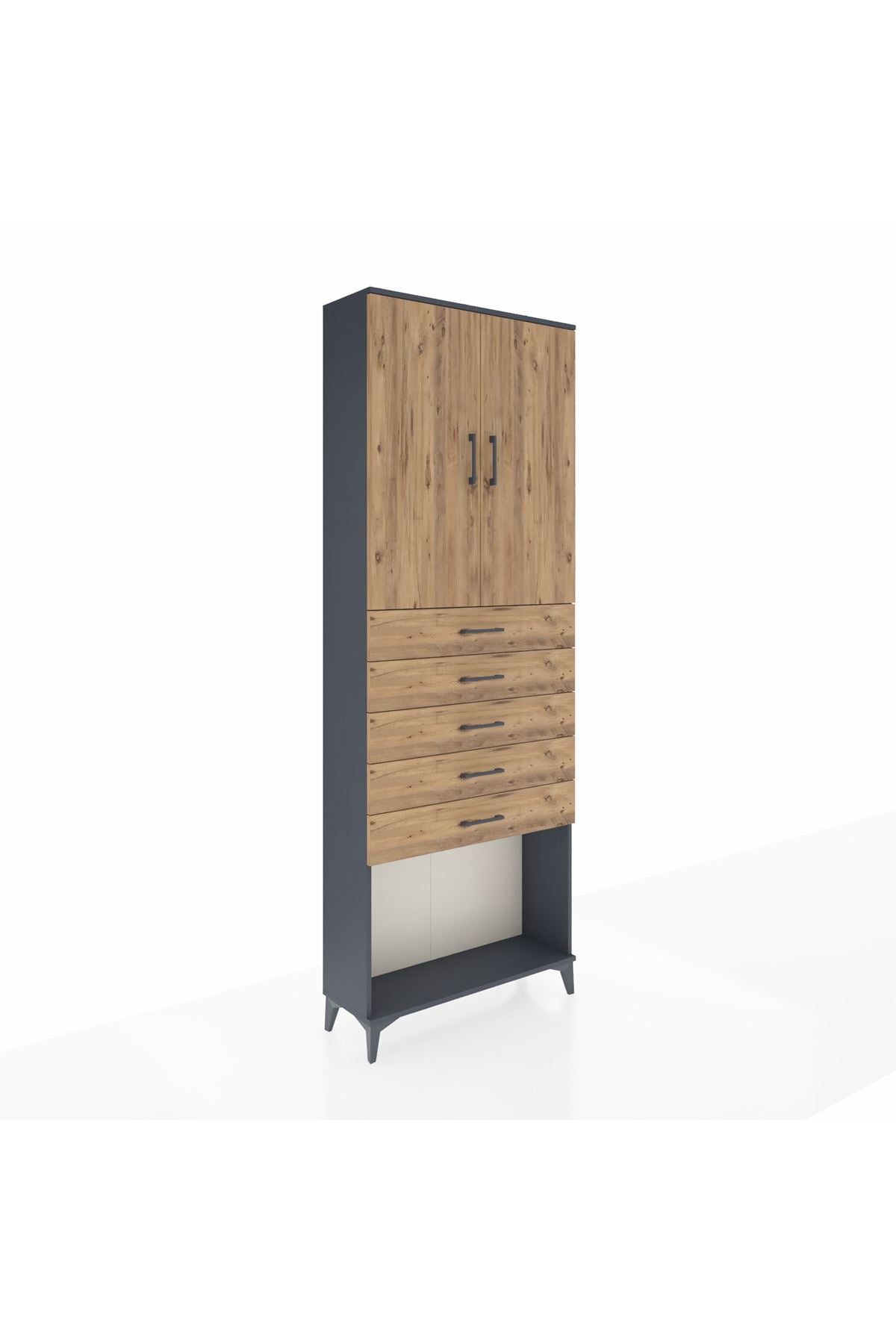 Arges Dolap 3 Raflı 5 Çekmeceli 2 Kapaklı 88x30x243 Antrasit-Çam