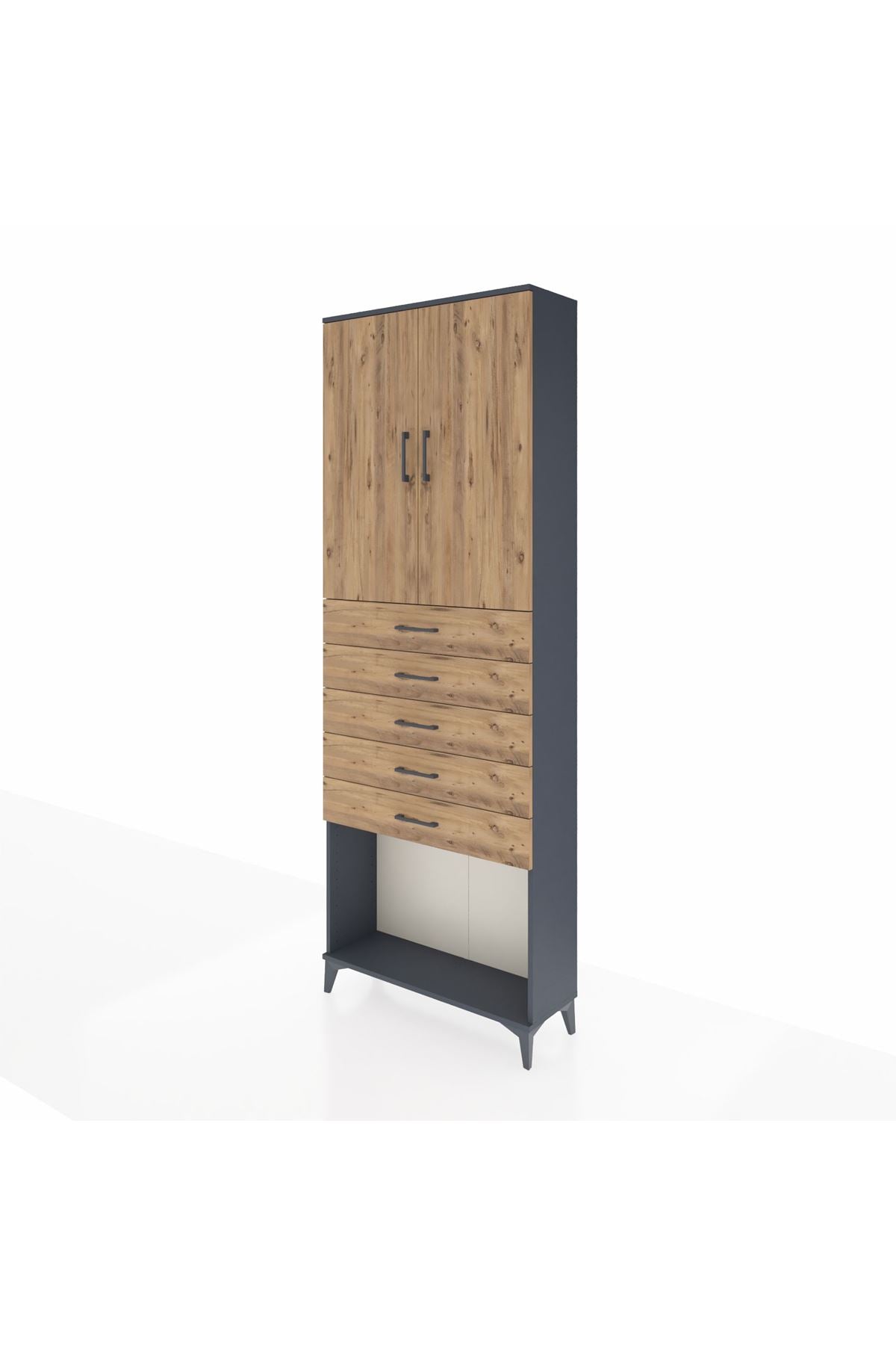 Arges Dolap 3 Raflı 5 Çekmeceli 2 Kapaklı 88x30x243 Antrasit-Çam