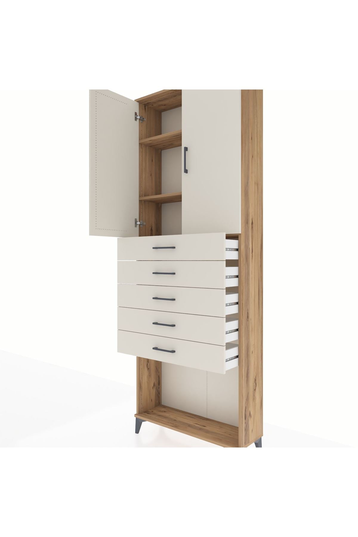 Arges Dolap 3 Raflı 5 Çekmeceli 2 Kapaklı 88x30x243 Çam-Aytaşı