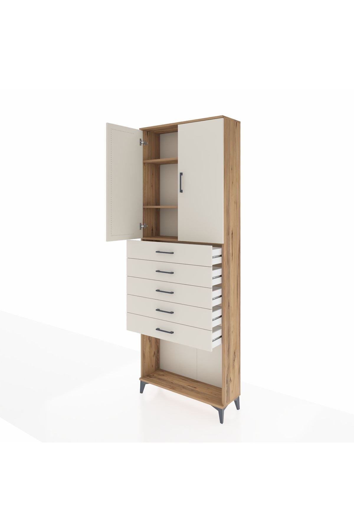 Arges Dolap 3 Raflı 5 Çekmeceli 2 Kapaklı 88x30x243 Çam-Aytaşı