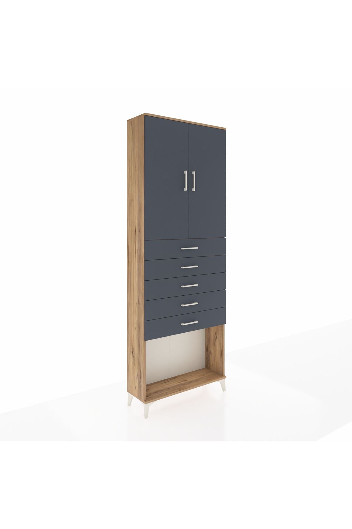 Arges Dolap 3 Raflı 5 Çekmeceli 2 Kapaklı 88x30x243 Çam-Antrasit