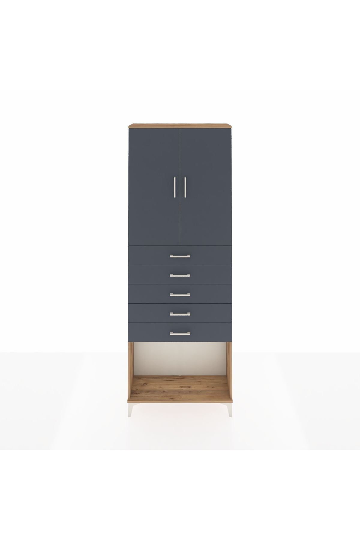 Arges Dolap 3 Raflı 5 Çekmeceli 2 Kapaklı 88x30x243 Çam-Antrasit