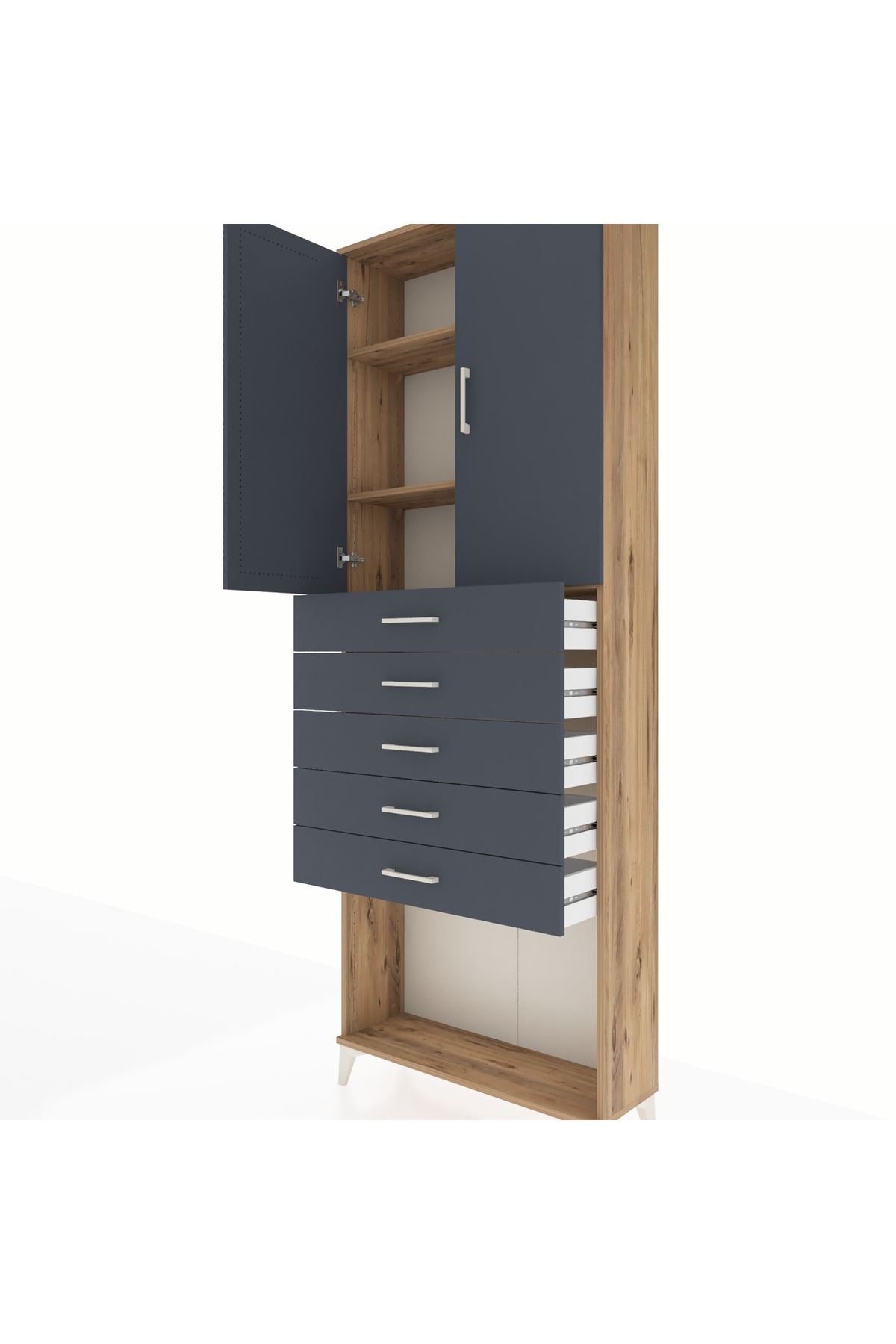 Arges Dolap 3 Raflı 5 Çekmeceli 2 Kapaklı 88x30x243 Çam-Antrasit