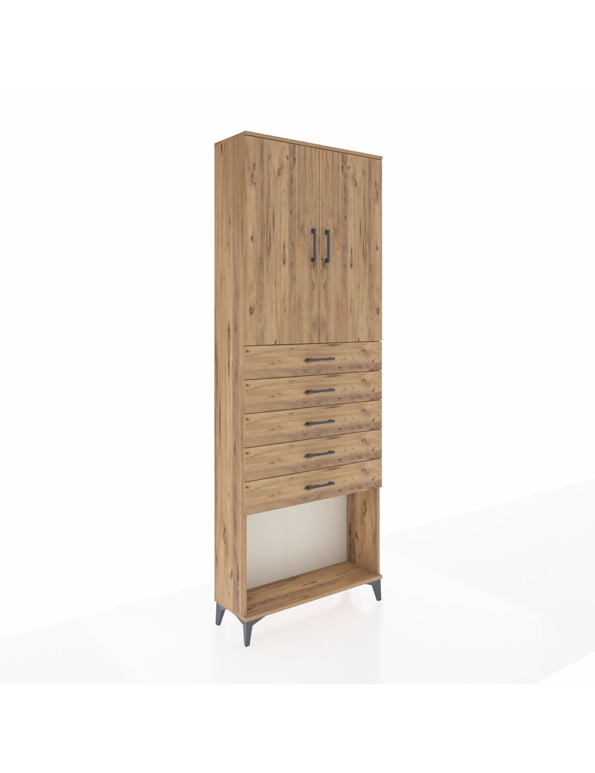 Arges Dolap 3 Raflı 5 Çekmeceli 2 Kapaklı 88x30x243 Çam-Çam