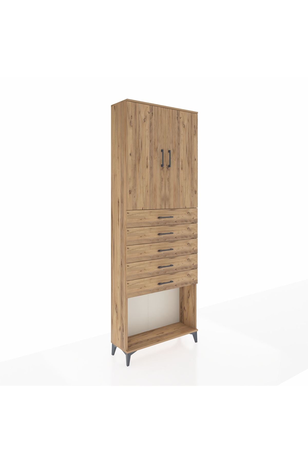 Arges Dolap 3 Raflı 5 Çekmeceli 2 Kapaklı 88x30x243 Çam-Çam