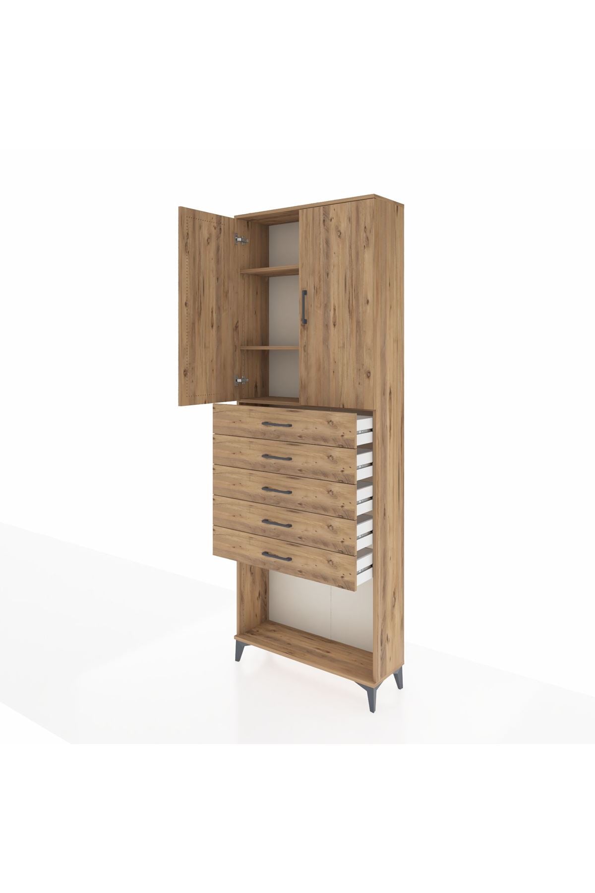 Arges Dolap 3 Raflı 5 Çekmeceli 2 Kapaklı 88x30x243 Çam-Çam