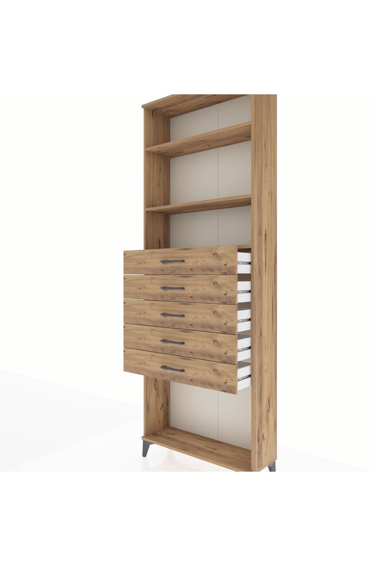 Arges Dolap 3 Raflı 5 Çekmeceli 88x30x243 Çam-Çam