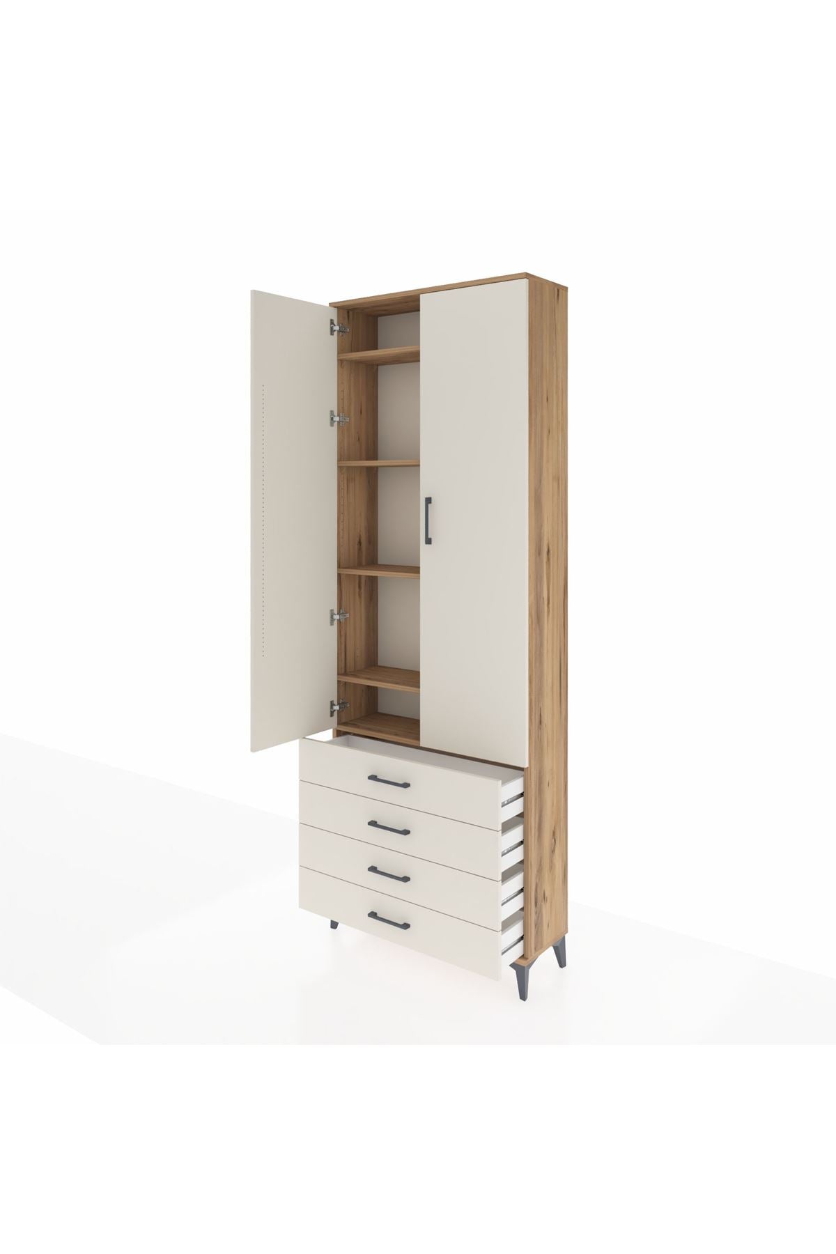 Arges Dolap 5 Raflı 4 Çekmeceli 2 Kapaklı 88x30x243 Çam-Aytaşı