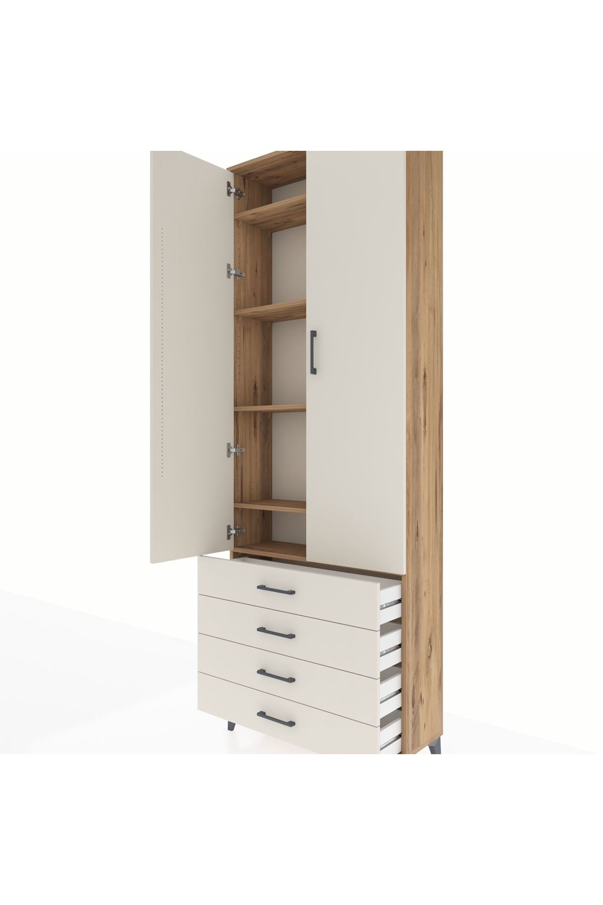 Arges Dolap 5 Raflı 4 Çekmeceli 2 Kapaklı 88x30x243 Çam-Aytaşı