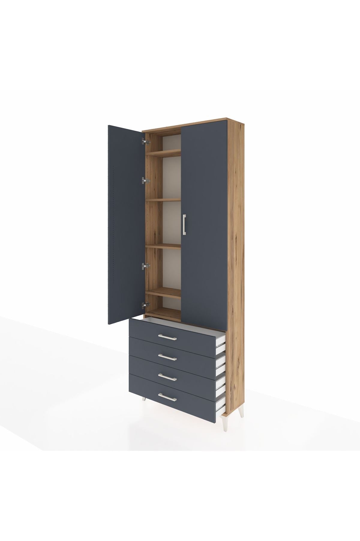Arges Dolap 5 Raflı 4 Çekmeceli 2 Kapaklı 88x30x243 Çam-Antrasit