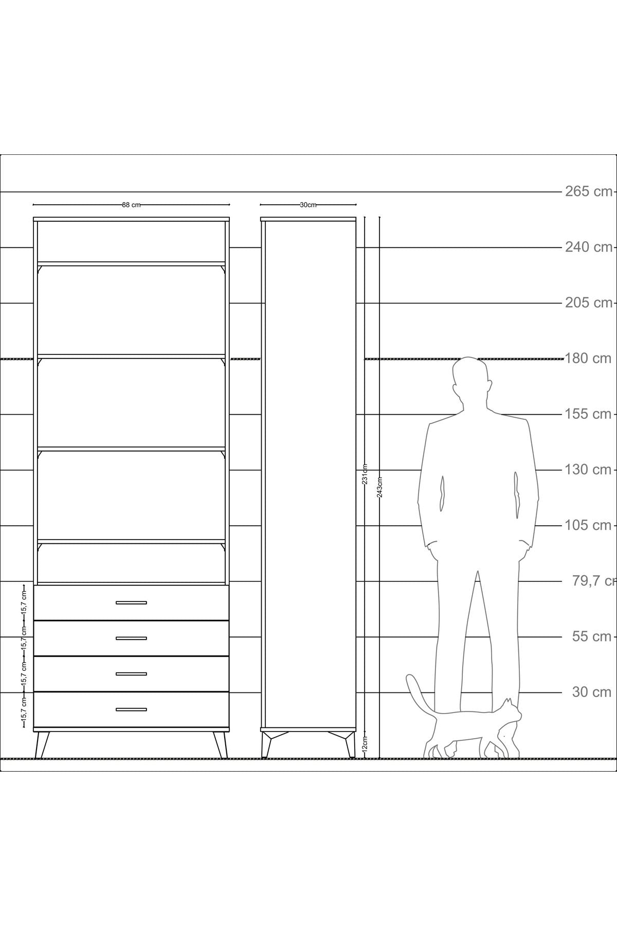 Arges Dolap 5 Raflı 4 Çekmeceli 88x30x243 Antrasit-Çam