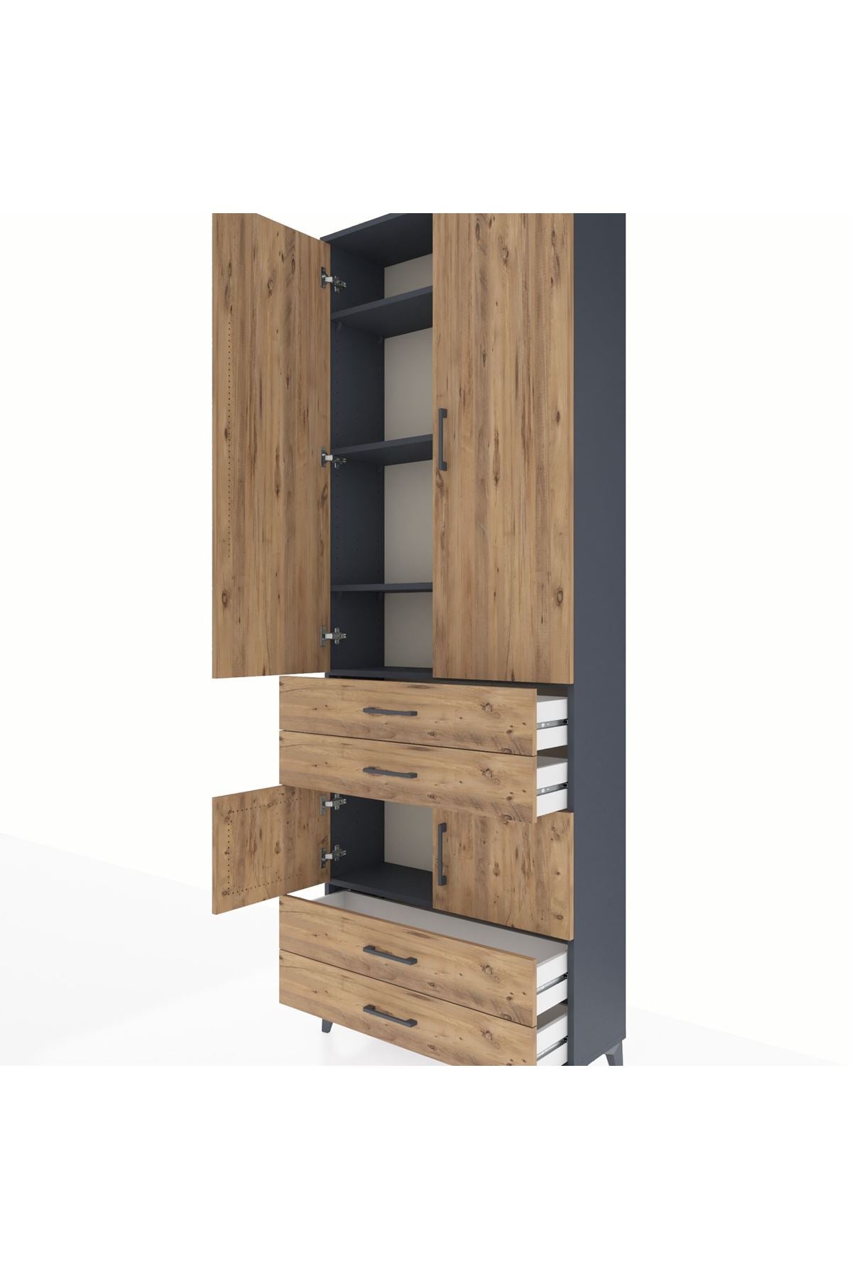 Arges Dolap 5 Raflı 4 Çekmeceli 4 Kapaklı 88x30x243 Antrasit-Çam