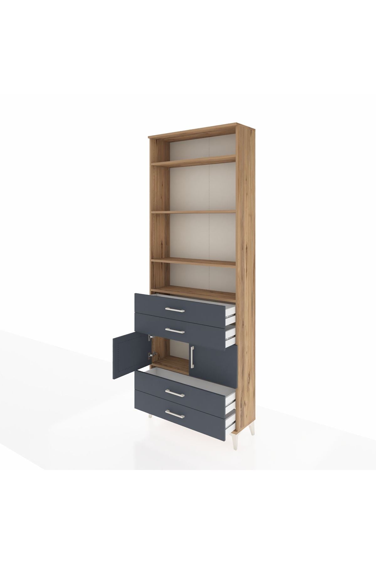 Arges Dolap 5 Raflı 4 Çekmeceli 2 Kapaklı 88x30x243 Çam-Antrasit