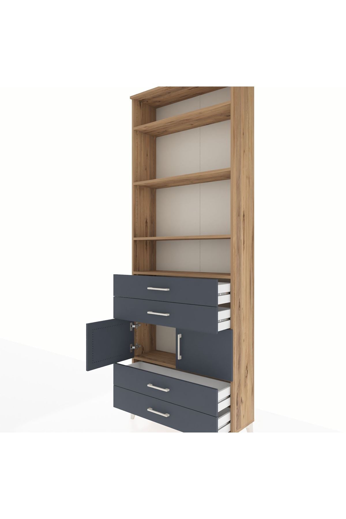 Arges Dolap 5 Raflı 4 Çekmeceli 2 Kapaklı 88x30x243 Çam-Antrasit