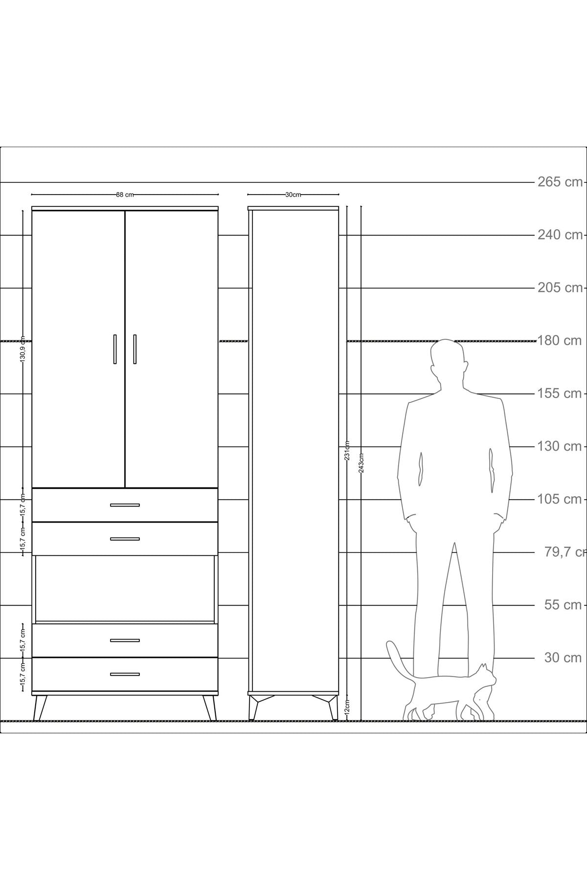 Arges Dolap 5 Raflı 4 Çekmeceli 2 Kapaklı 88x30x243 Antrasit-Çam