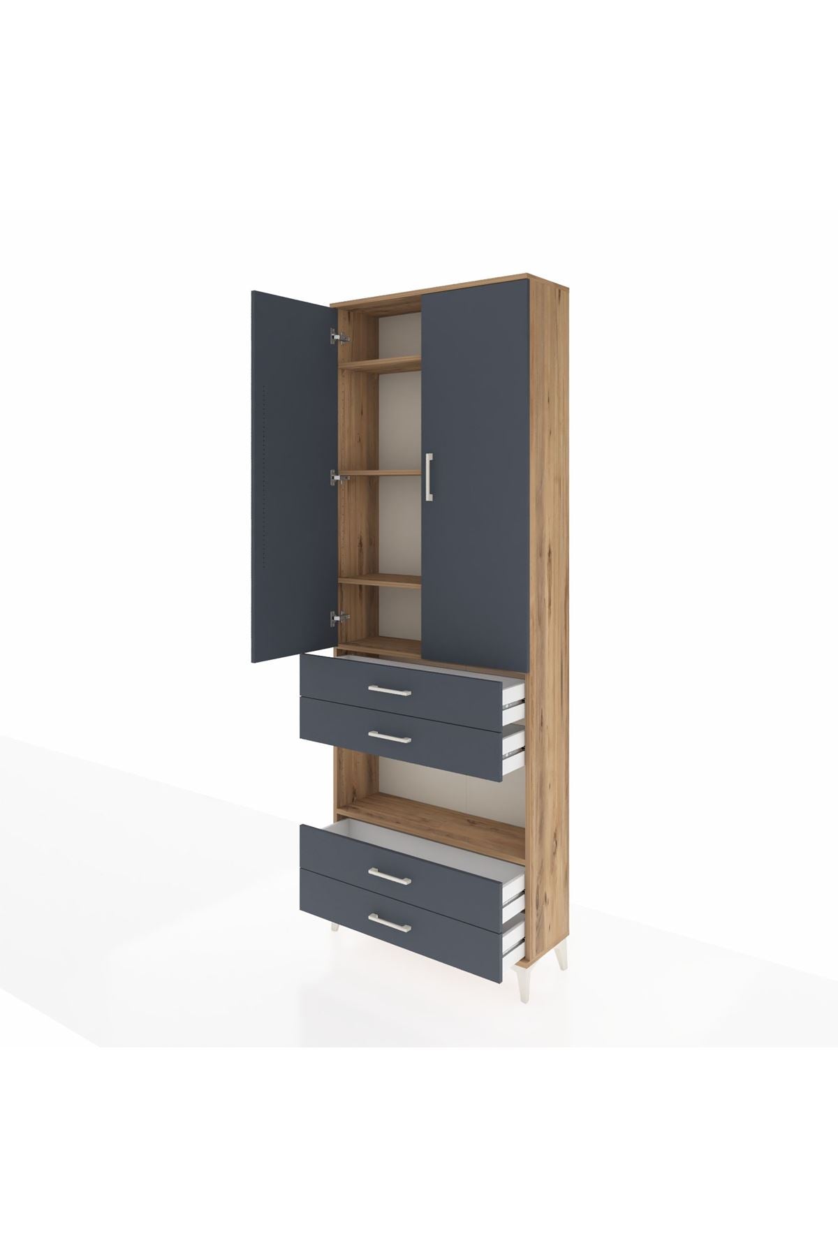 Arges Dolap 5 Raflı 4 Çekmeceli 2 Kapaklı 88x30x243 Çam-Antrasit