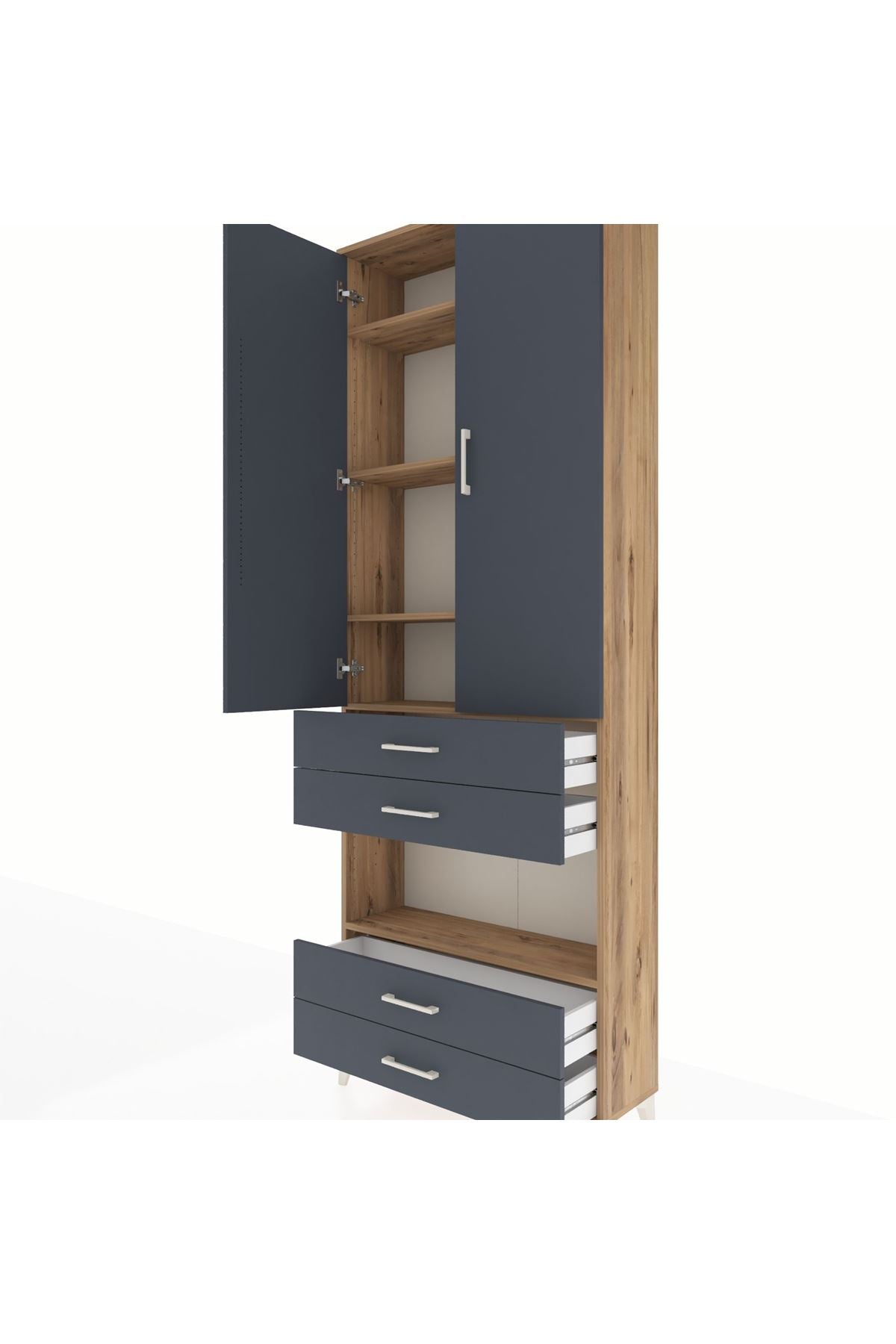 Arges Dolap 5 Raflı 4 Çekmeceli 2 Kapaklı 88x30x243 Çam-Antrasit