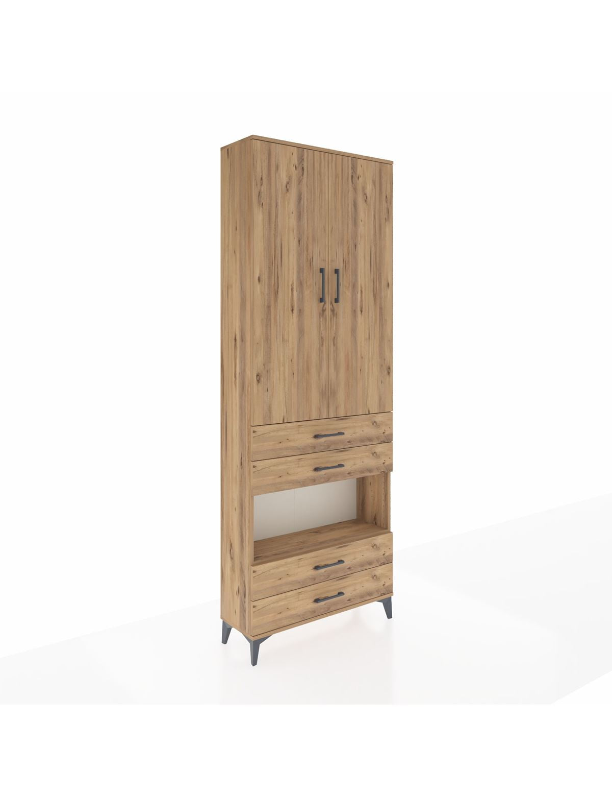 Arges Dolap 5 Raflı 4 Çekmeceli 2 Kapaklı 88x30x243 Çam-Çam