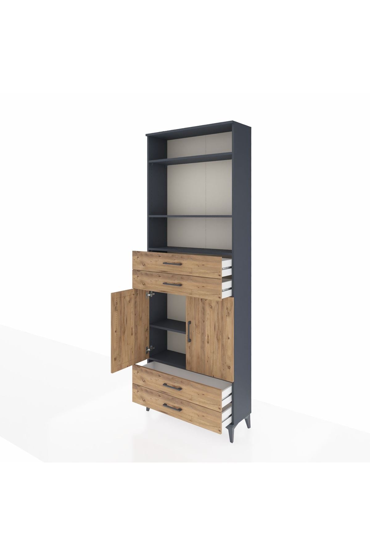 Arges Dolap 5 Raflı 4 Çekmeceli 2 Kapaklı 88x30x243 Antrasit-Çam