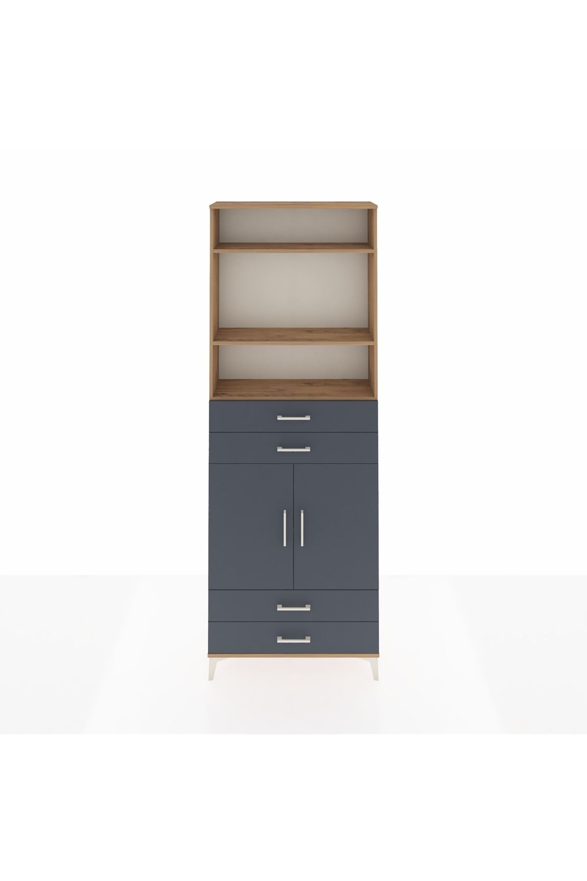 Arges Dolap 5 Raflı 4 Çekmeceli 2 Kapaklı 88x30x243 Çam-Antrasit
