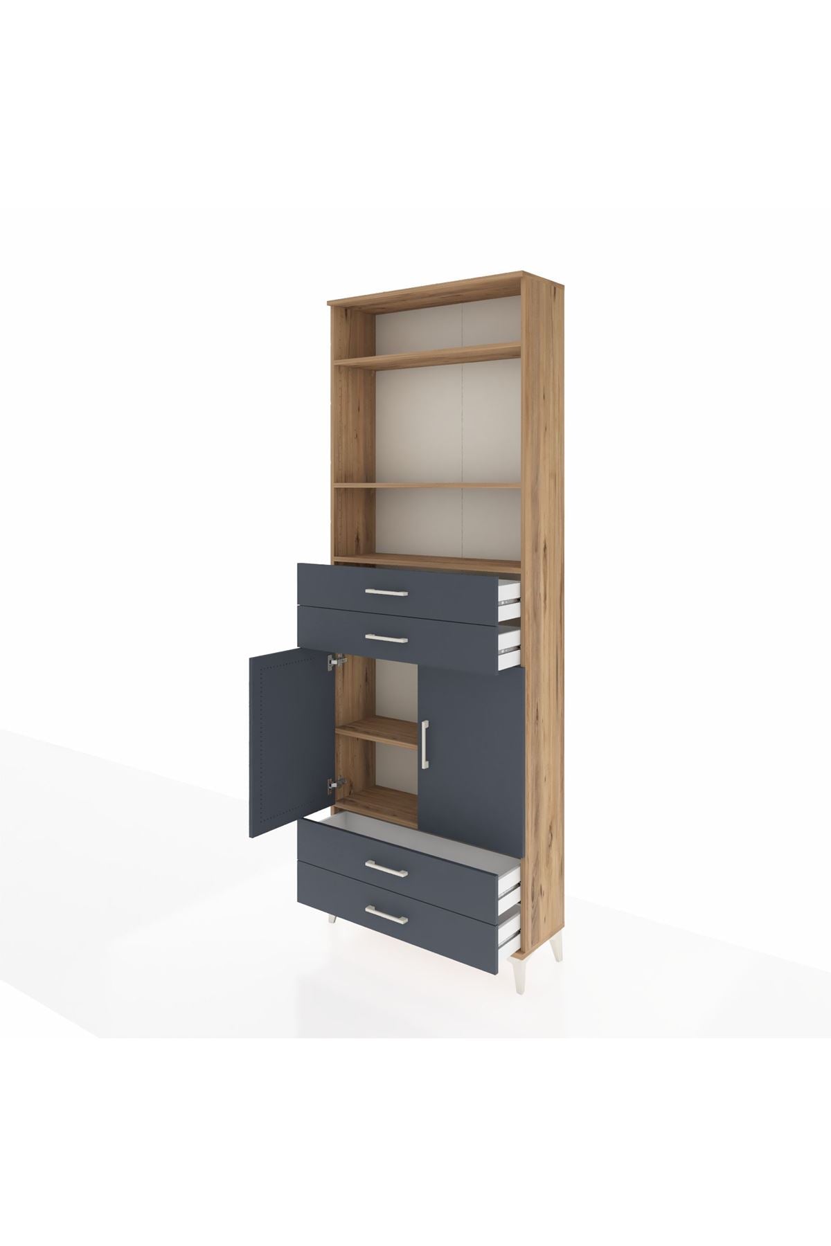 Arges Dolap 5 Raflı 4 Çekmeceli 2 Kapaklı 88x30x243 Çam-Antrasit