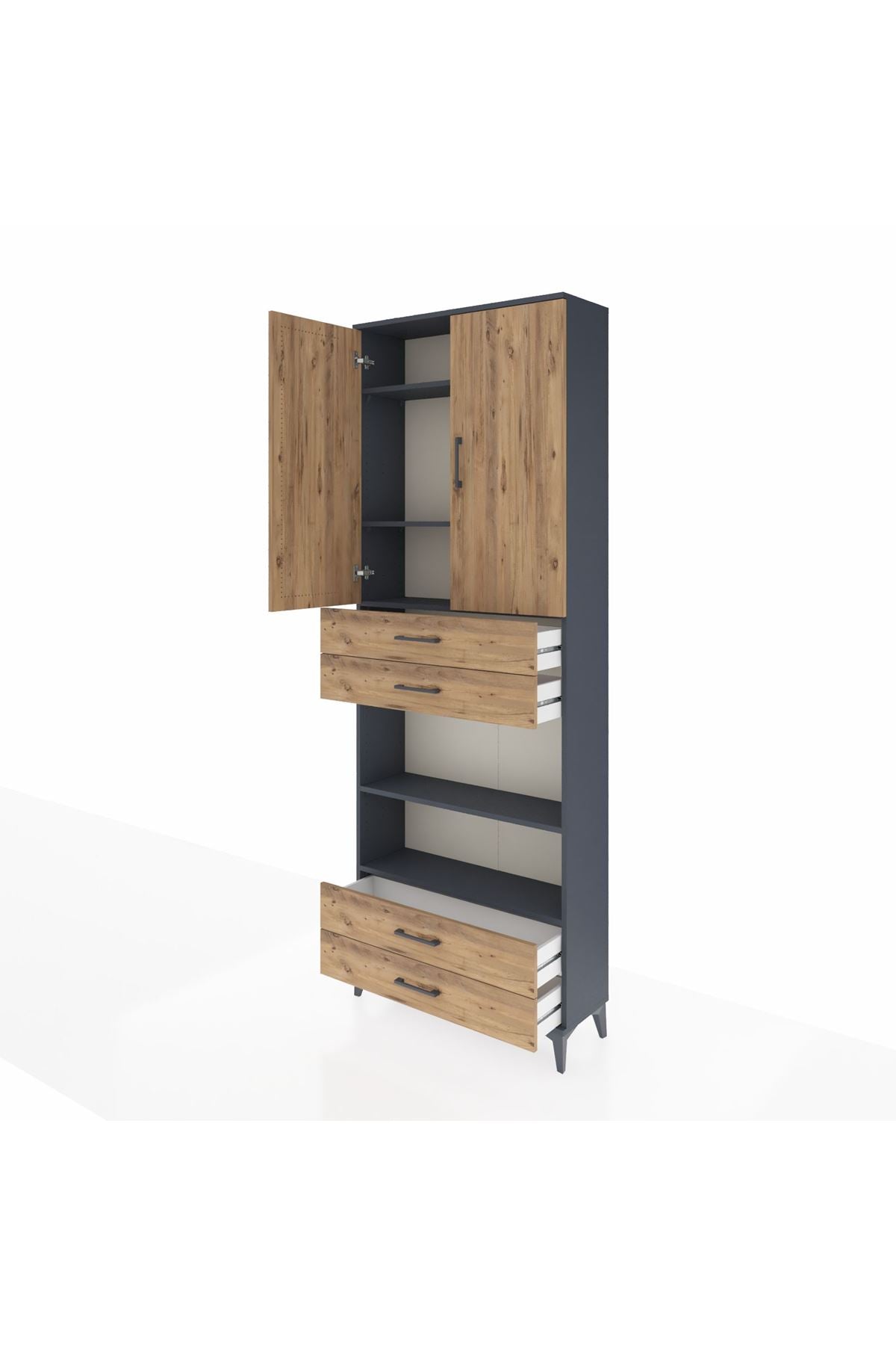 Arges Dolap 5 Raflı 4 Çekmeceli 2 Kapaklı 88x30x243 Antrasit-Çam