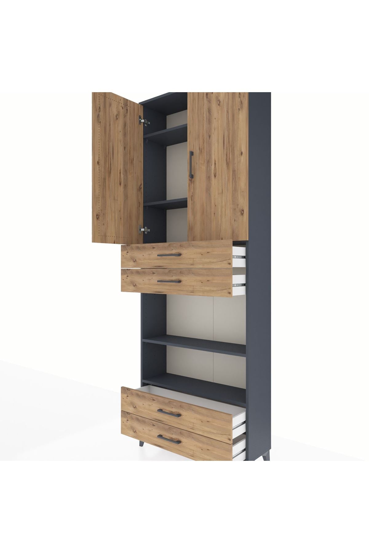 Arges Dolap 5 Raflı 4 Çekmeceli 2 Kapaklı 88x30x243 Antrasit-Çam