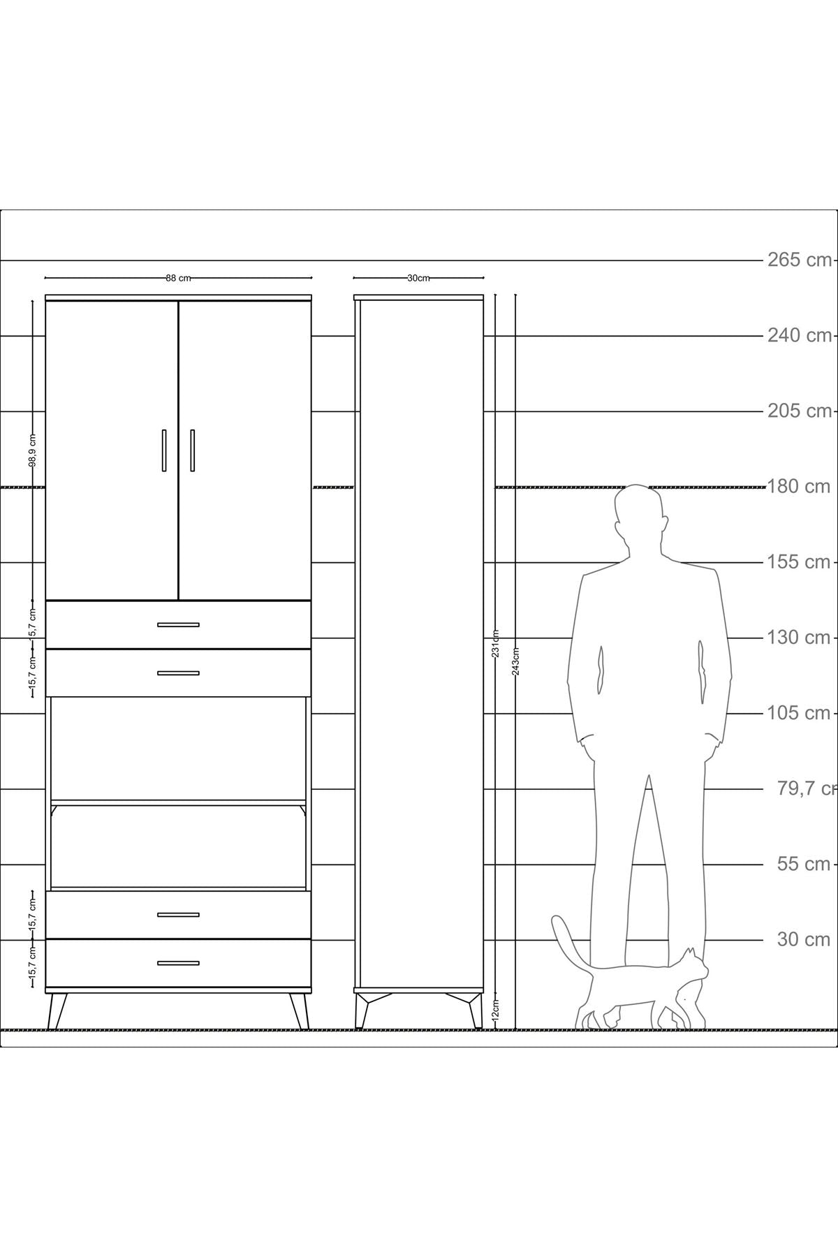 Arges Dolap 5 Raflı 4 Çekmeceli 2 Kapaklı 88x30x243 Antrasit-Çam