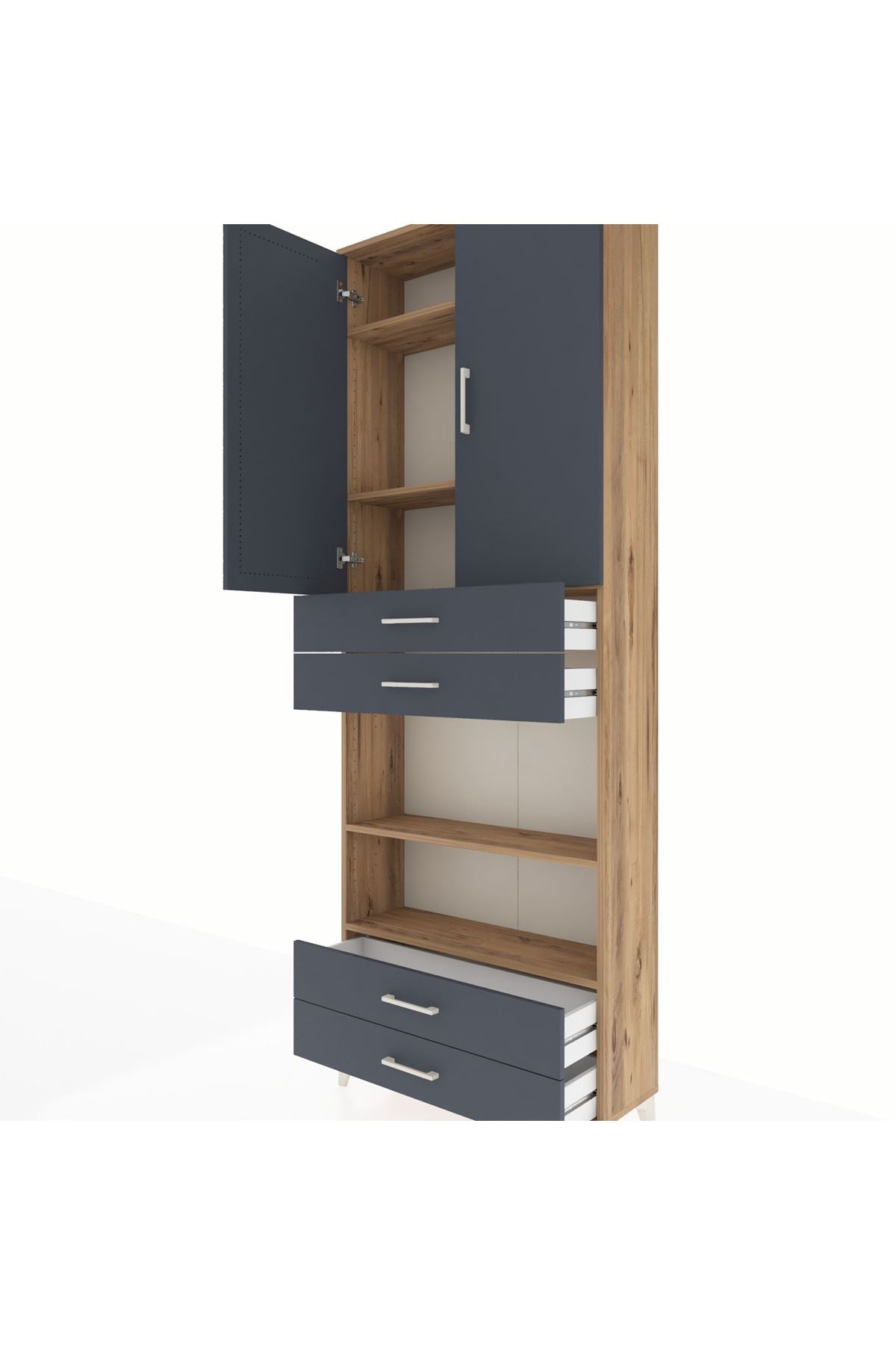 Arges Dolap 5 Raflı 4 Çekmeceli 2 Kapaklı 88x30x243 Çam-Antrasit