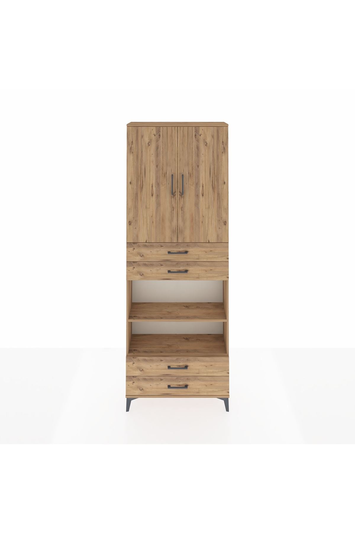 Arges Dolap 5 Raflı 4 Çekmeceli 2 Kapaklı 88x30x243 Çam-Çam