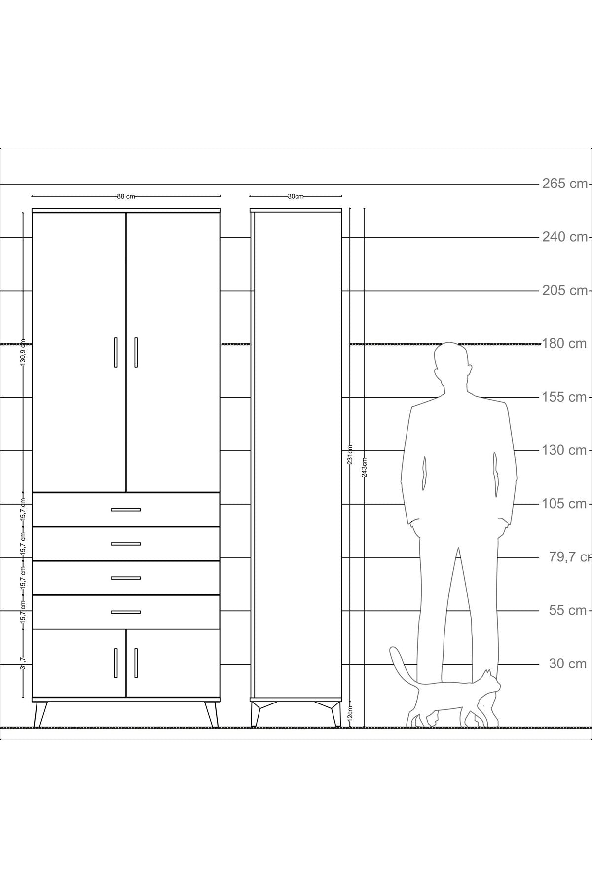 Arges Dolap 4 Raflı 4 Çekmeceli 4 Kapaklı 88x30x243 Çam-Antrasit
