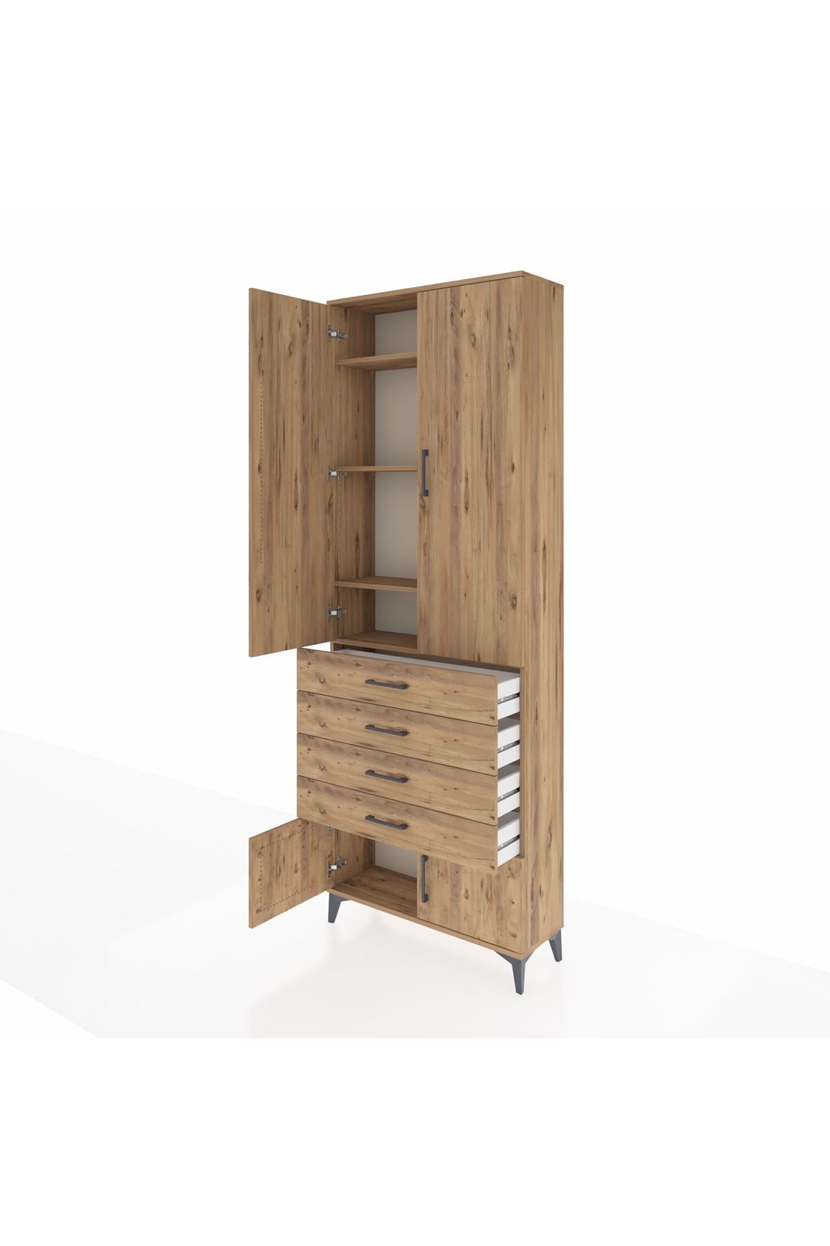 Arges Dolap 4 Raflı 4 Çekmeceli 4 Kapaklı 88x30x243 Çam-Çam