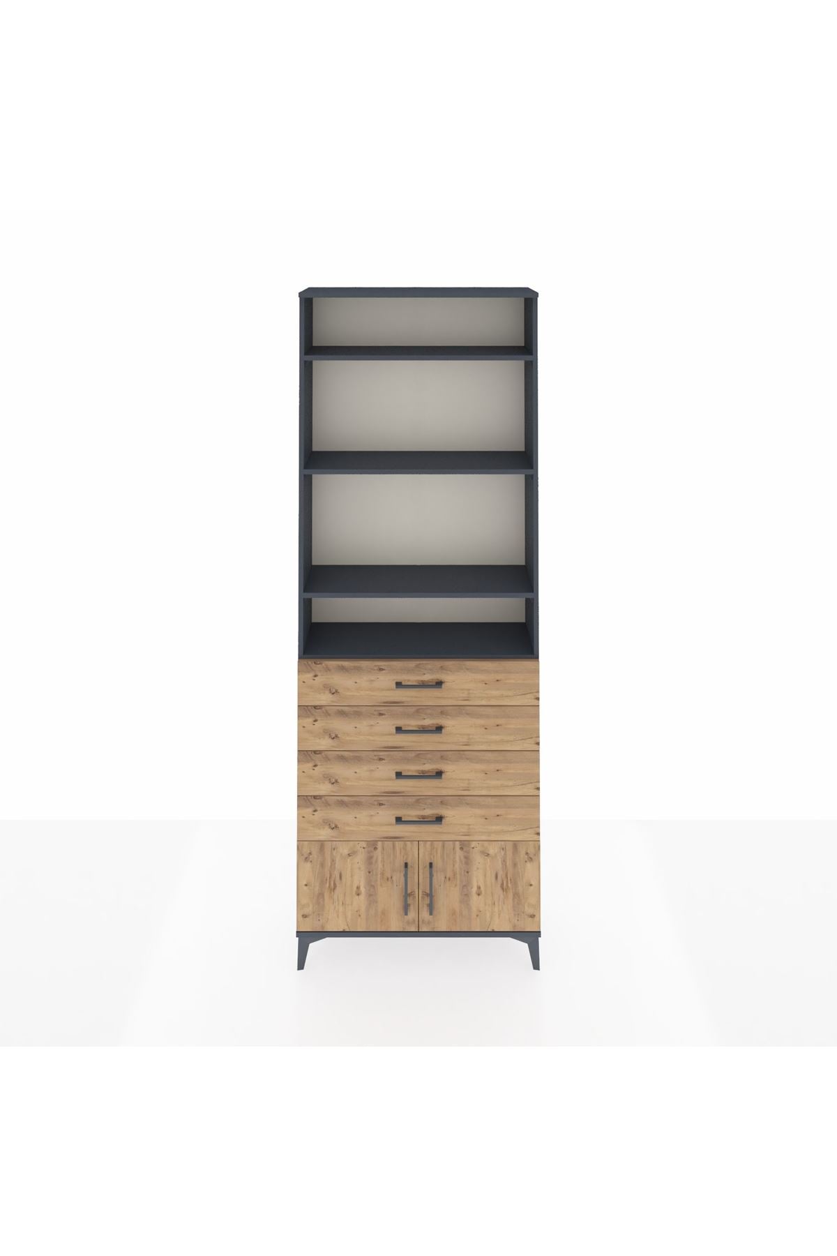 Arges Dolap 4 Raflı 4 Çekmeceli 2 Kapaklı 88x30x243 Antrasit-Çam