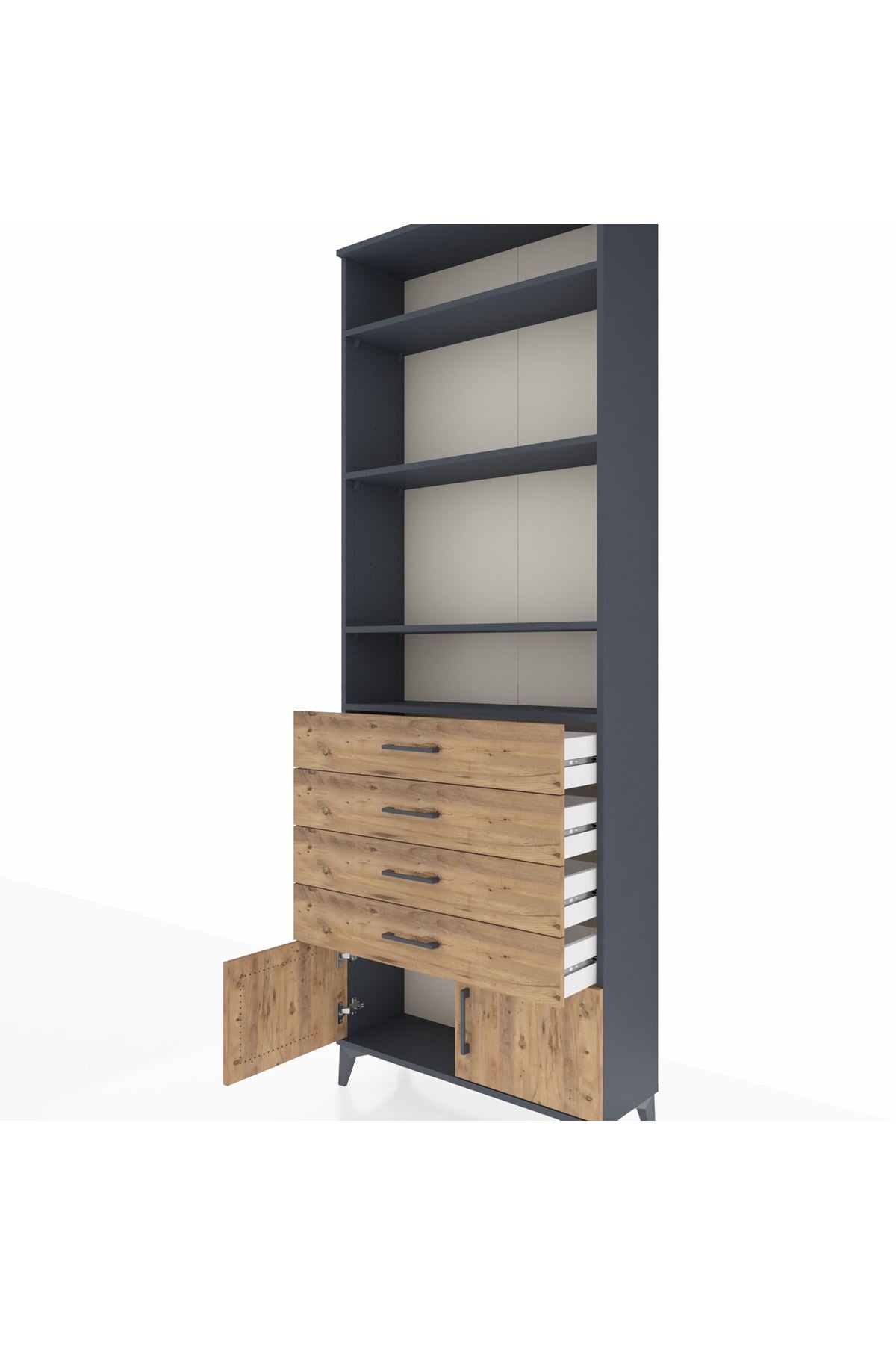 Arges Dolap 4 Raflı 4 Çekmeceli 2 Kapaklı 88x30x243 Antrasit-Çam