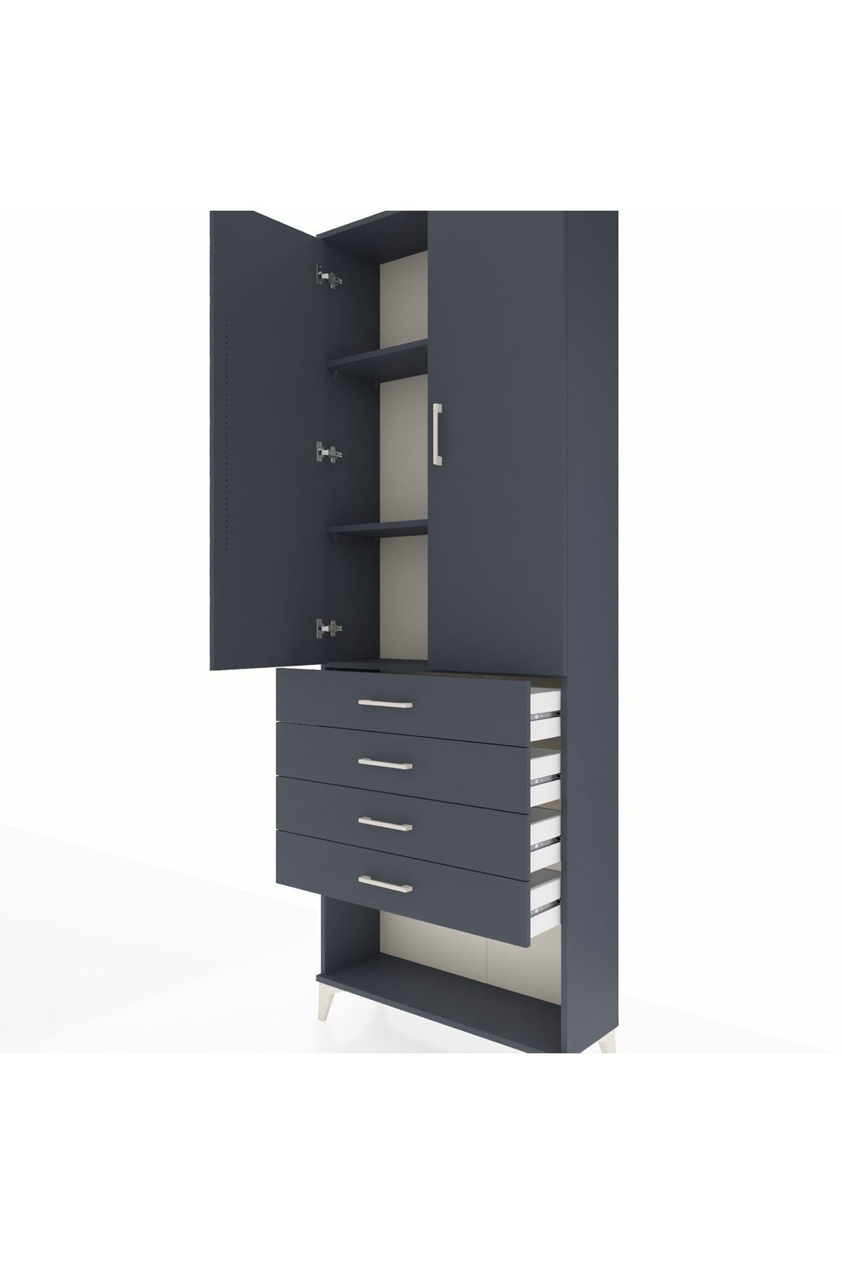 Arges Dolap 3 Raflı 4 Çekmeceli 2 Kapaklı 88x30x243 Antrasit-Antrasit