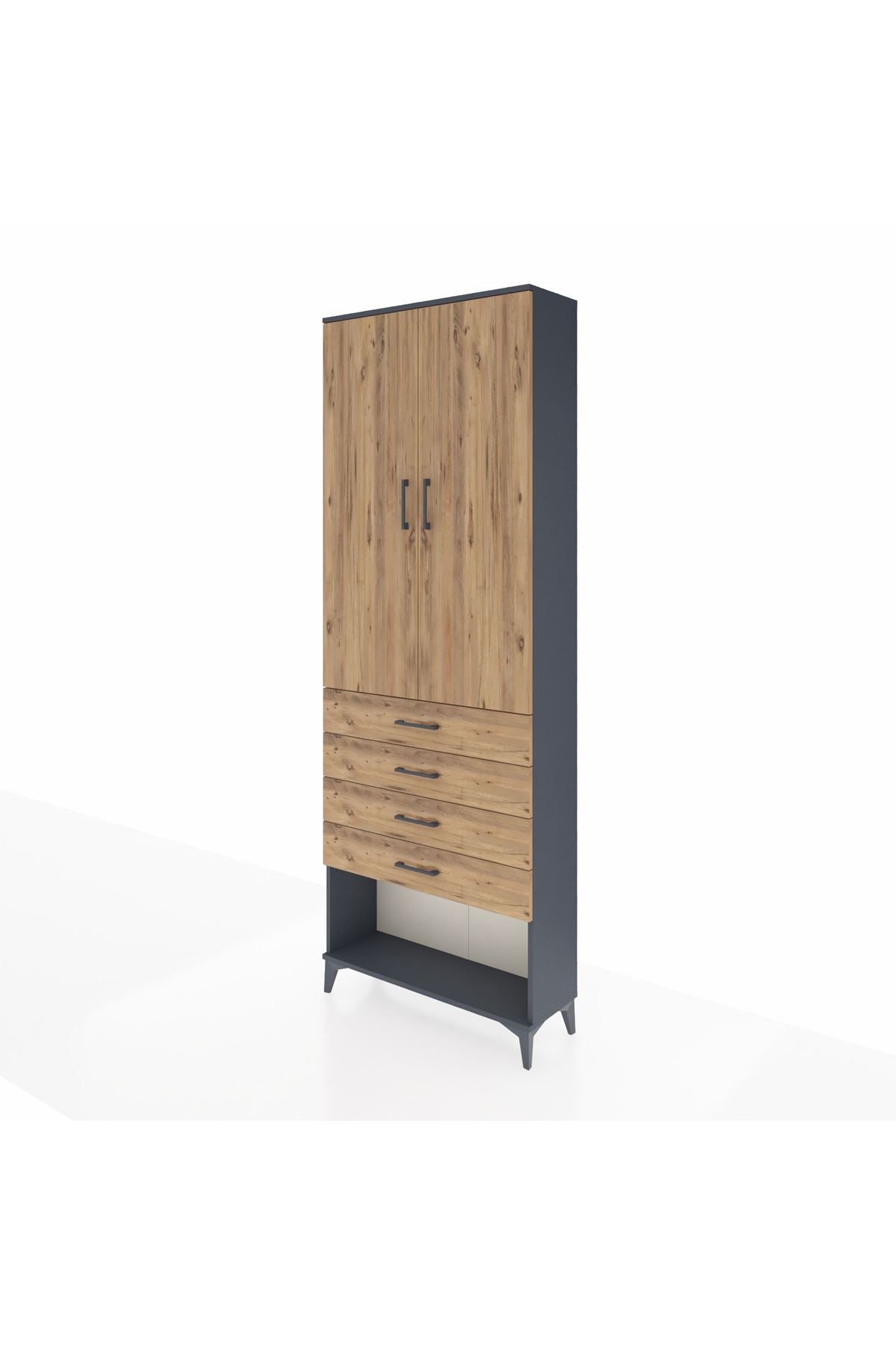 Arges Dolap 3 Raflı 4 Çekmeceli 2 Kapaklı 88x30x243 Antrasit-Çam