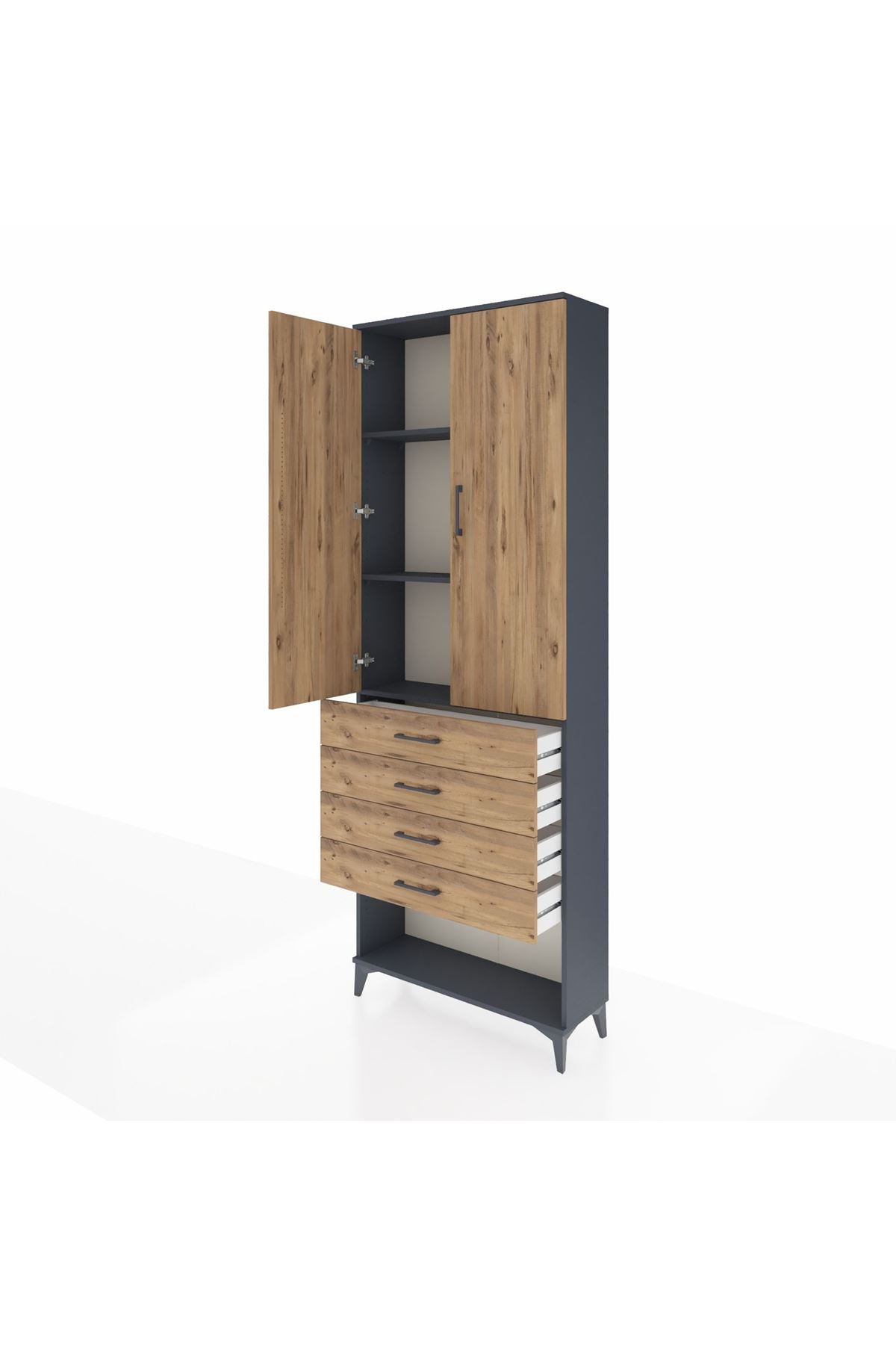 Arges Dolap 3 Raflı 4 Çekmeceli 2 Kapaklı 88x30x243 Antrasit-Çam