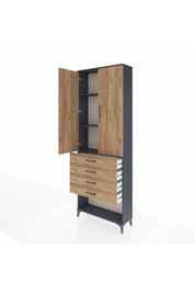 Arges Dolap 3 Raflı 4 Çekmeceli 2 Kapaklı 88x30x243 Antrasit-Çam