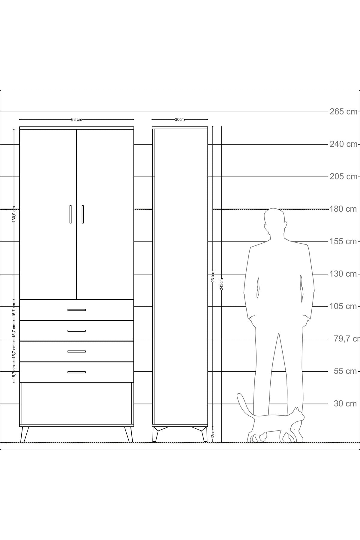 Arges Dolap 3 Raflı 4 Çekmeceli 2 Kapaklı 88x30x243 Antrasit-Çam