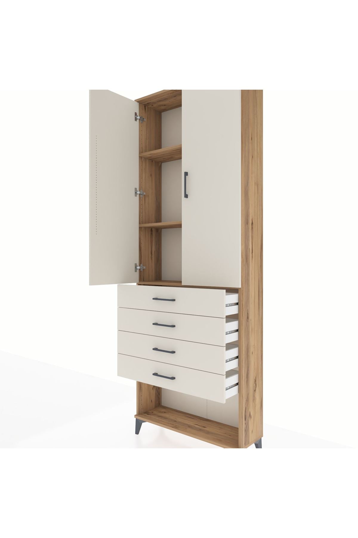 Arges Dolap 3 Raflı 4 Çekmeceli 2 Kapaklı 88x30x243 Çam-Aytaşı