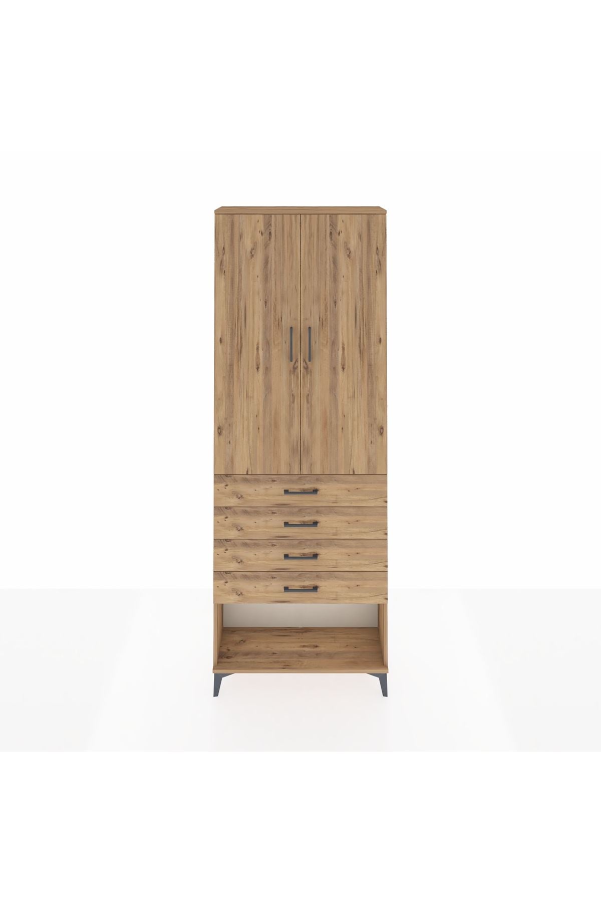 Arges Dolap 3 Raflı 4 Çekmeceli 2 Kapaklı 88x30x243 Çam-Çam