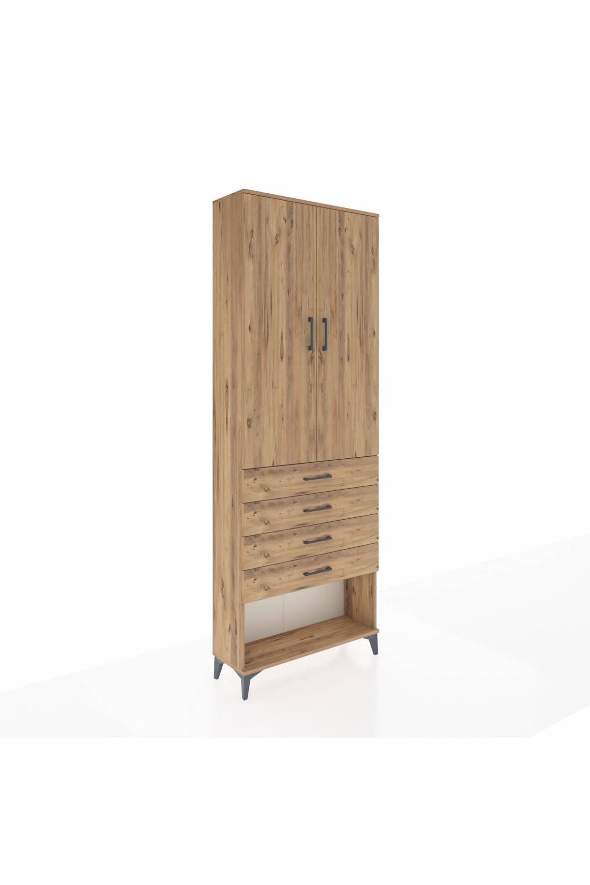 Arges Dolap 3 Raflı 4 Çekmeceli 2 Kapaklı 88x30x243 Çam-Çam