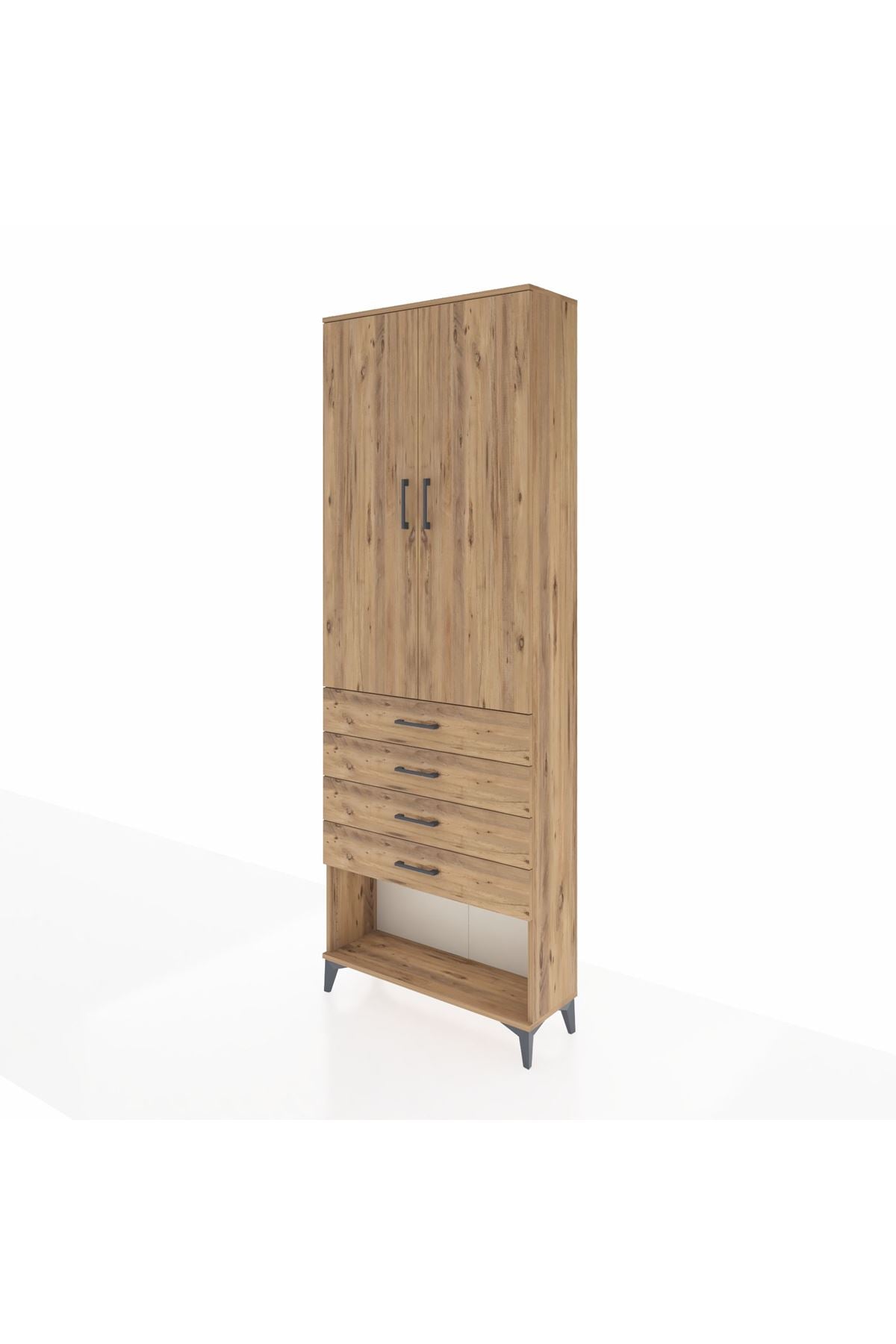 Arges Dolap 3 Raflı 4 Çekmeceli 2 Kapaklı 88x30x243 Çam-Çam