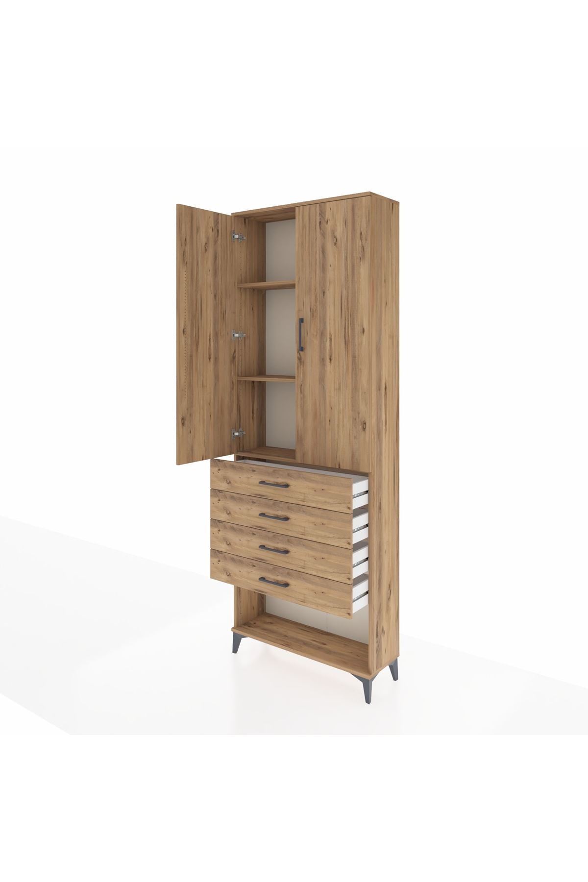 Arges Dolap 3 Raflı 4 Çekmeceli 2 Kapaklı 88x30x243 Çam-Çam