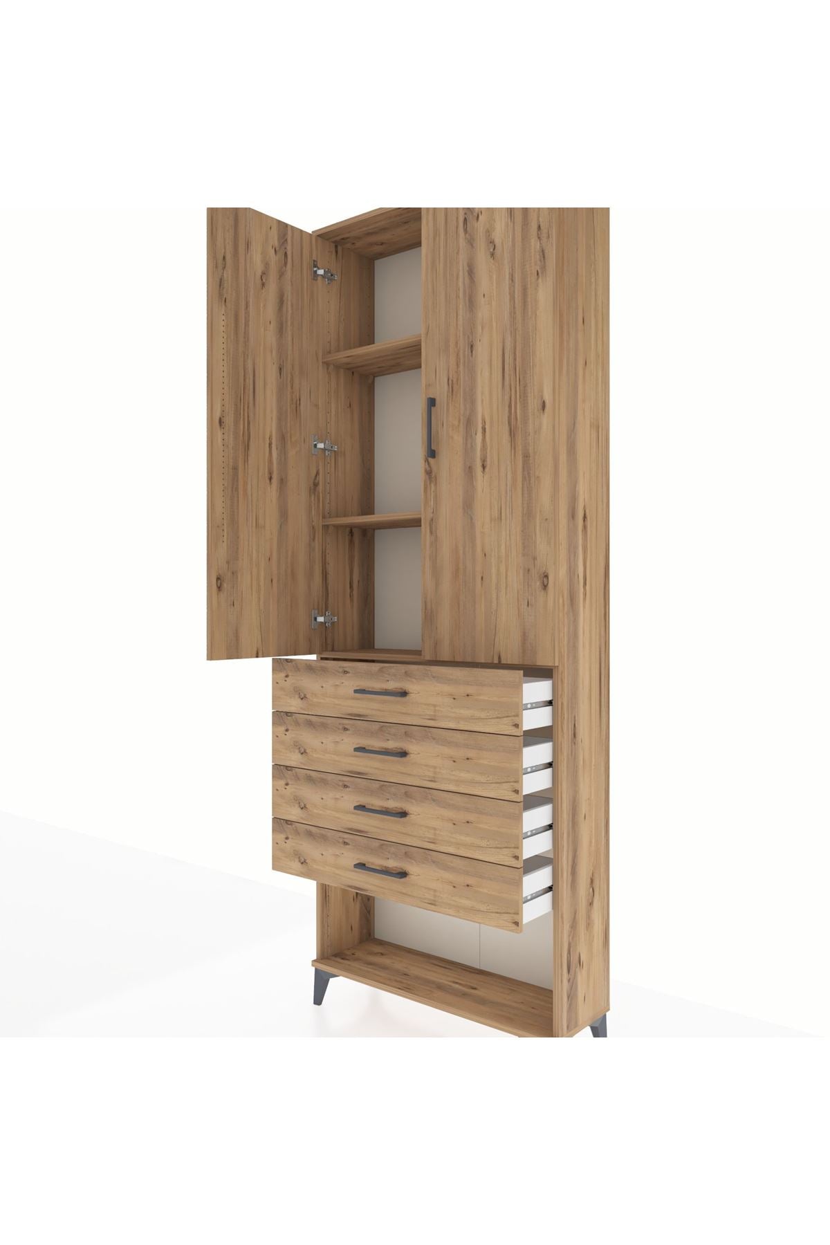 Arges Dolap 3 Raflı 4 Çekmeceli 2 Kapaklı 88x30x243 Çam-Çam