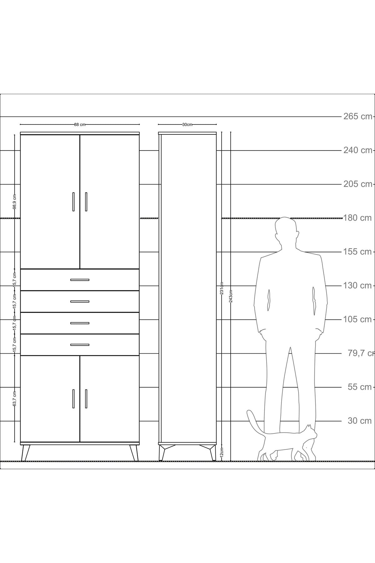 Arges Dolap 3 Raflı 4 Çekmeceli 4 Kapaklı 88x30x243 Antrasit-Antrasit