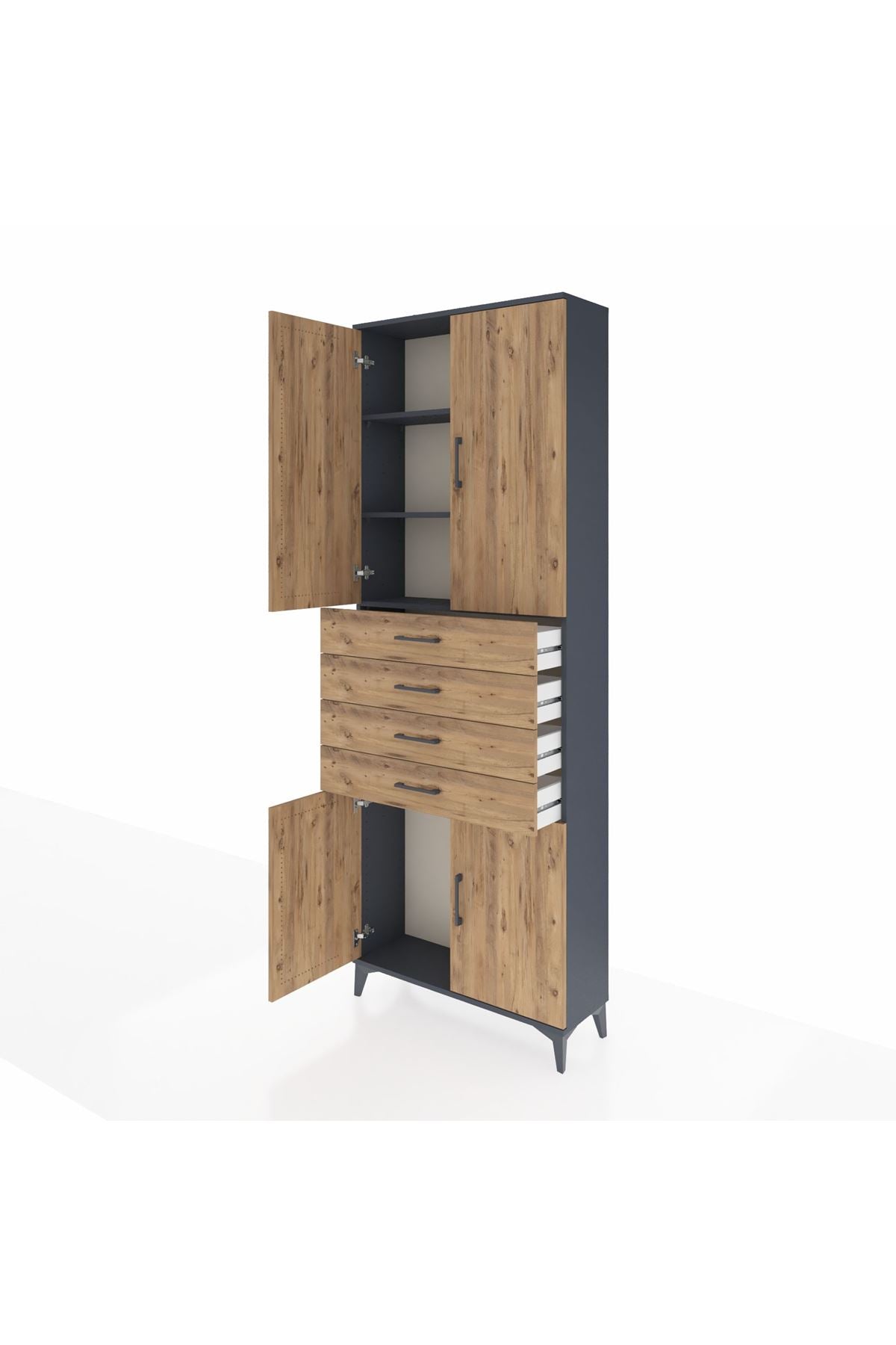 Arges Dolap 3 Raflı 4 Çekmeceli 4 Kapaklı 88x30x243 Antrasit-Çam